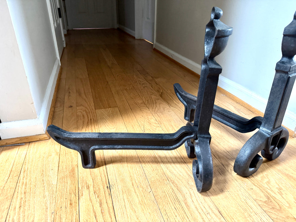 Antique Vestal Cast Iron Andirons | Rustic Black Metal Andirons