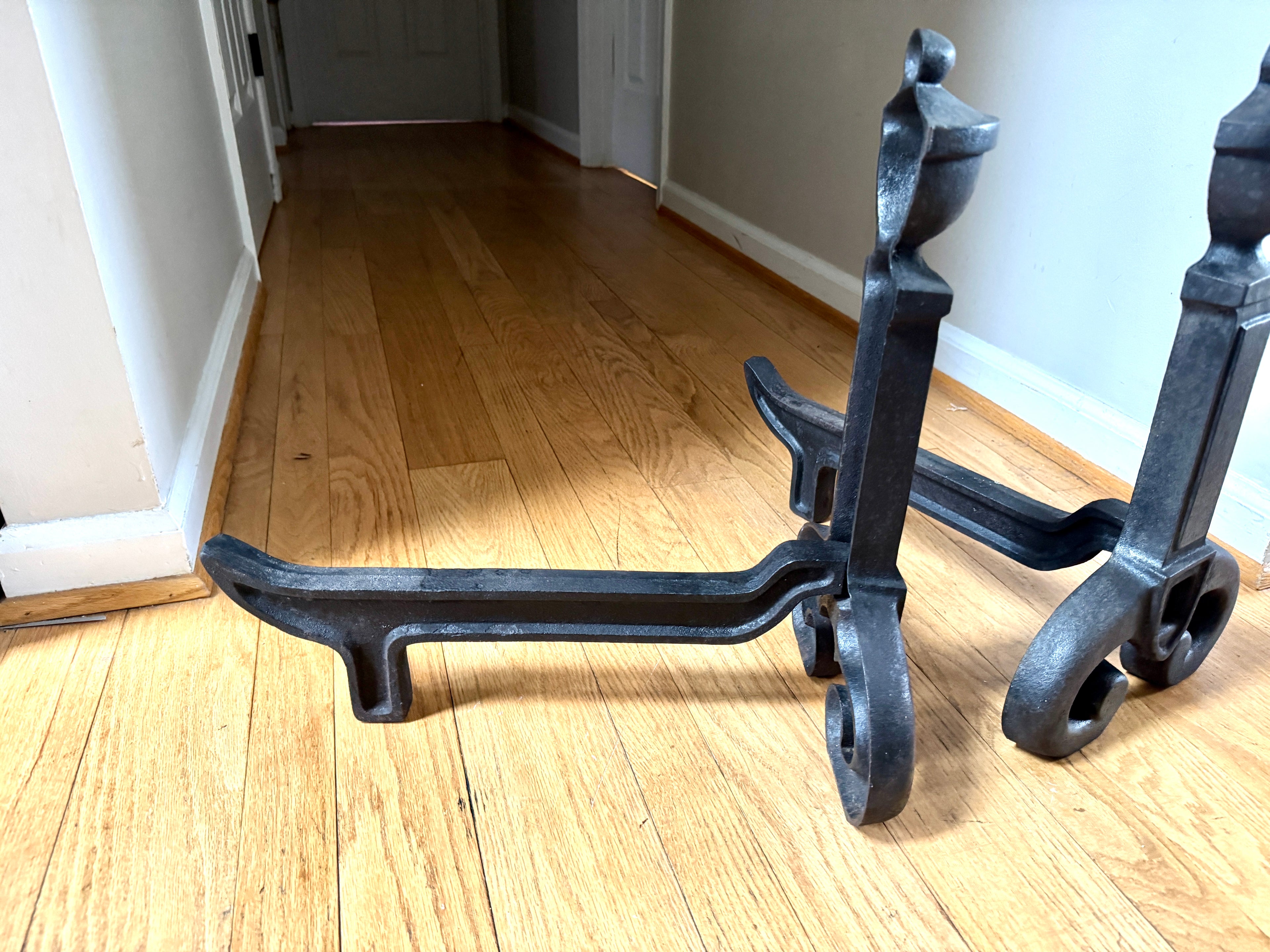 Antique Vestal Cast Iron Andirons | Rustic Black Metal Andirons
