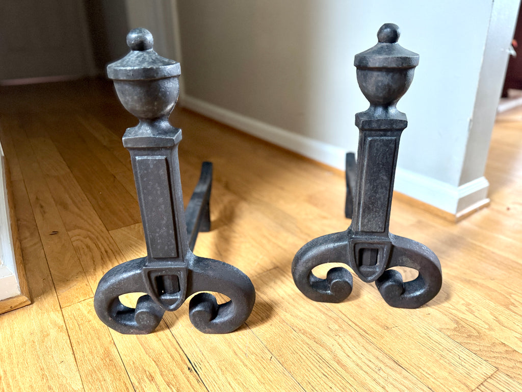 Antique Vestal Cast Iron Andirons | Rustic Black Metal Andirons