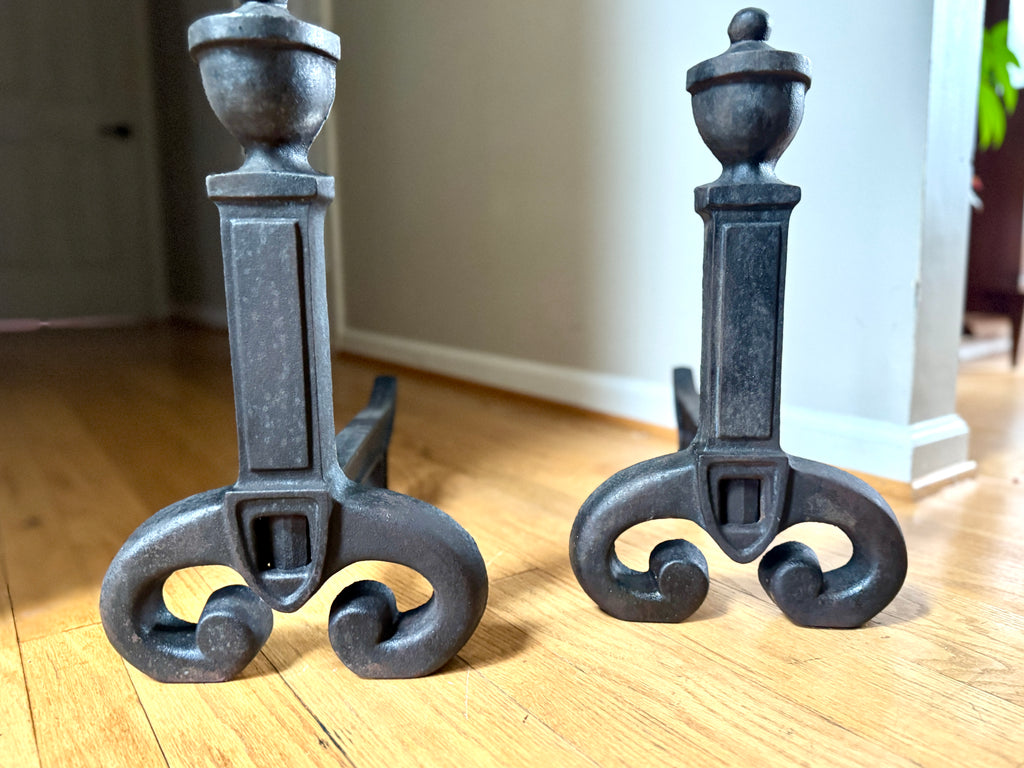 Antique Vestal Cast Iron Andirons | Rustic Black Metal Andirons