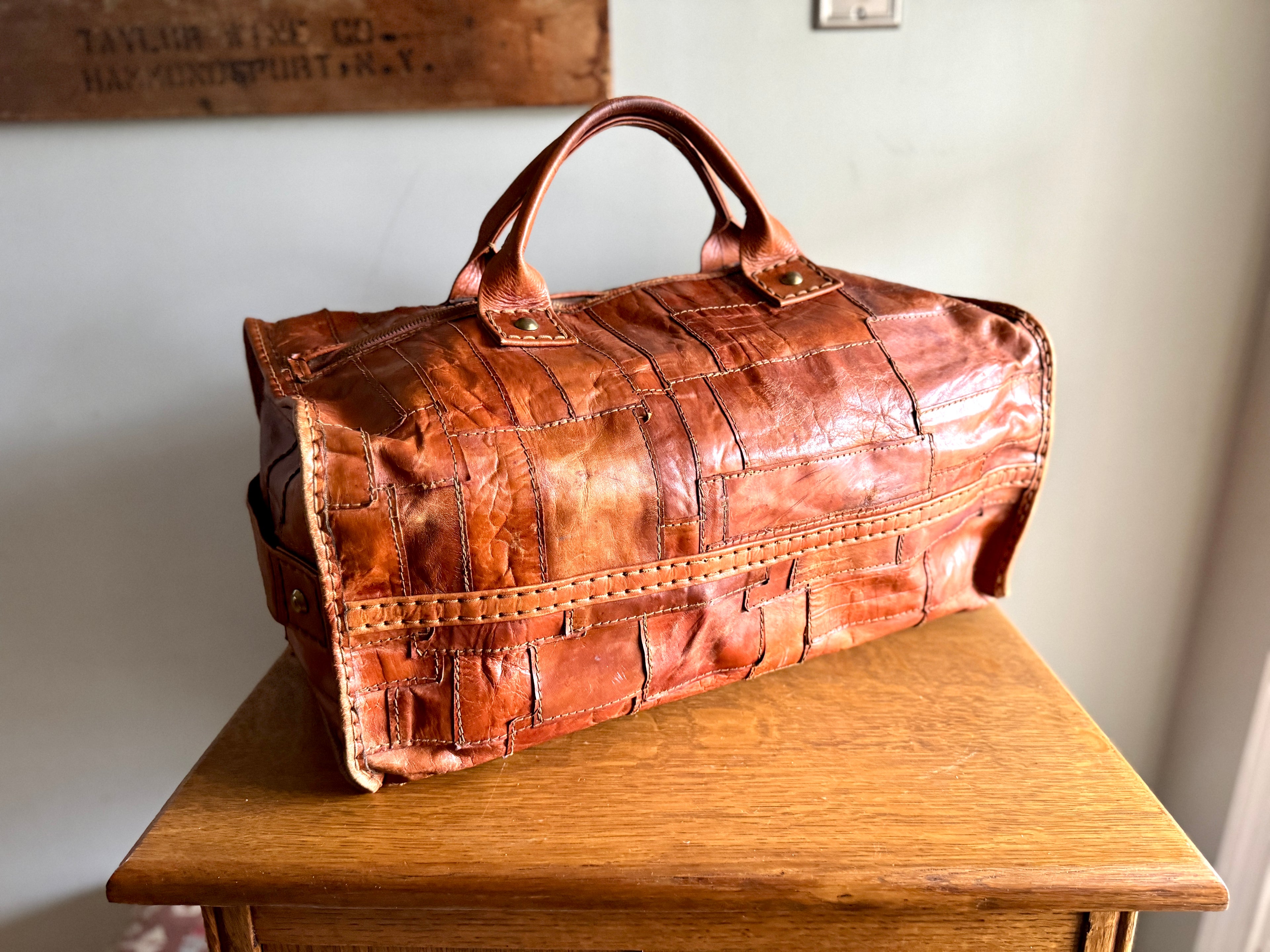 1970's Leather Patchwork Duffle Bag | Patchwork Leather Bag