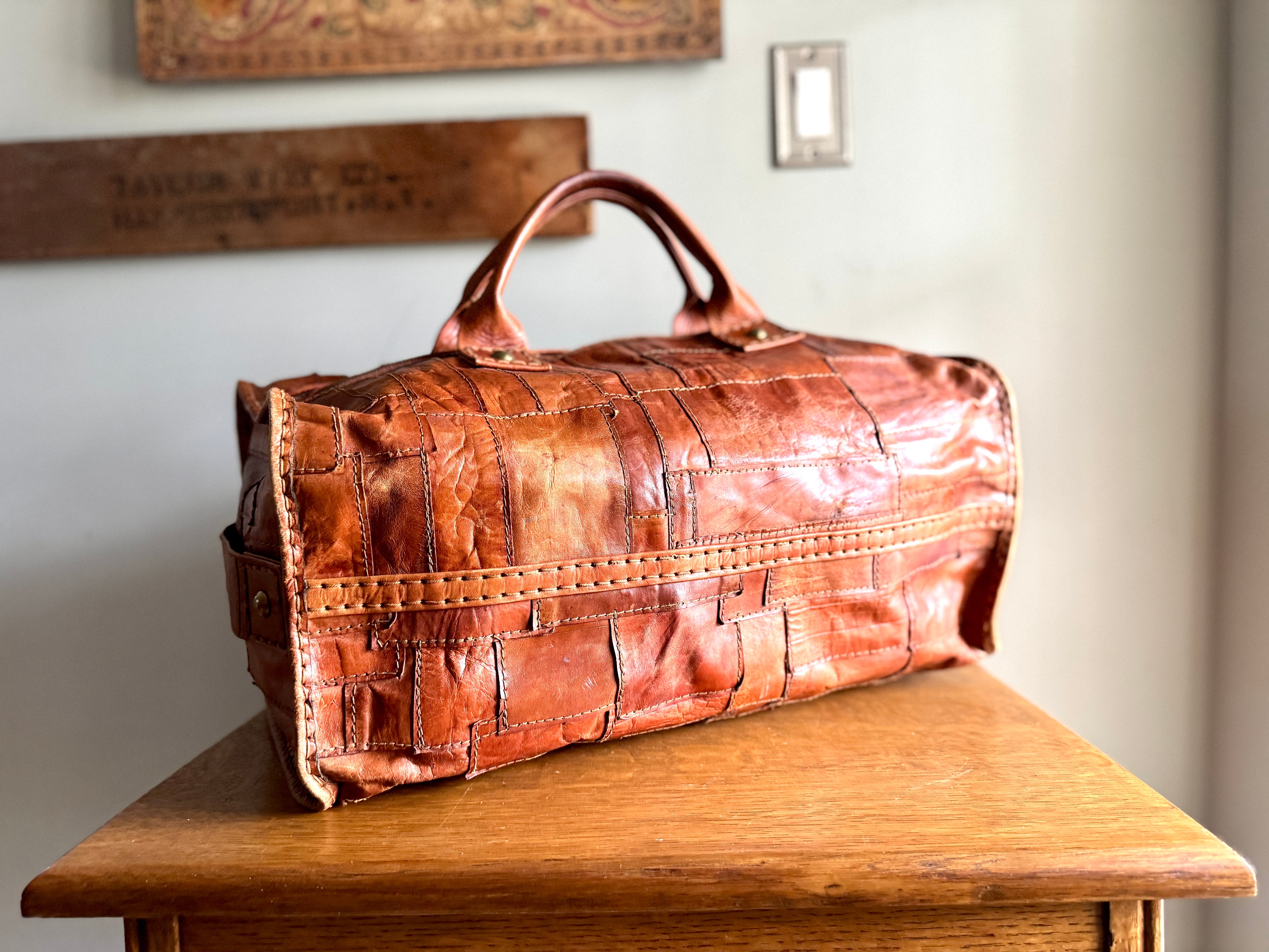 1970's Leather Patchwork Duffle Bag | Patchwork Leather Bag