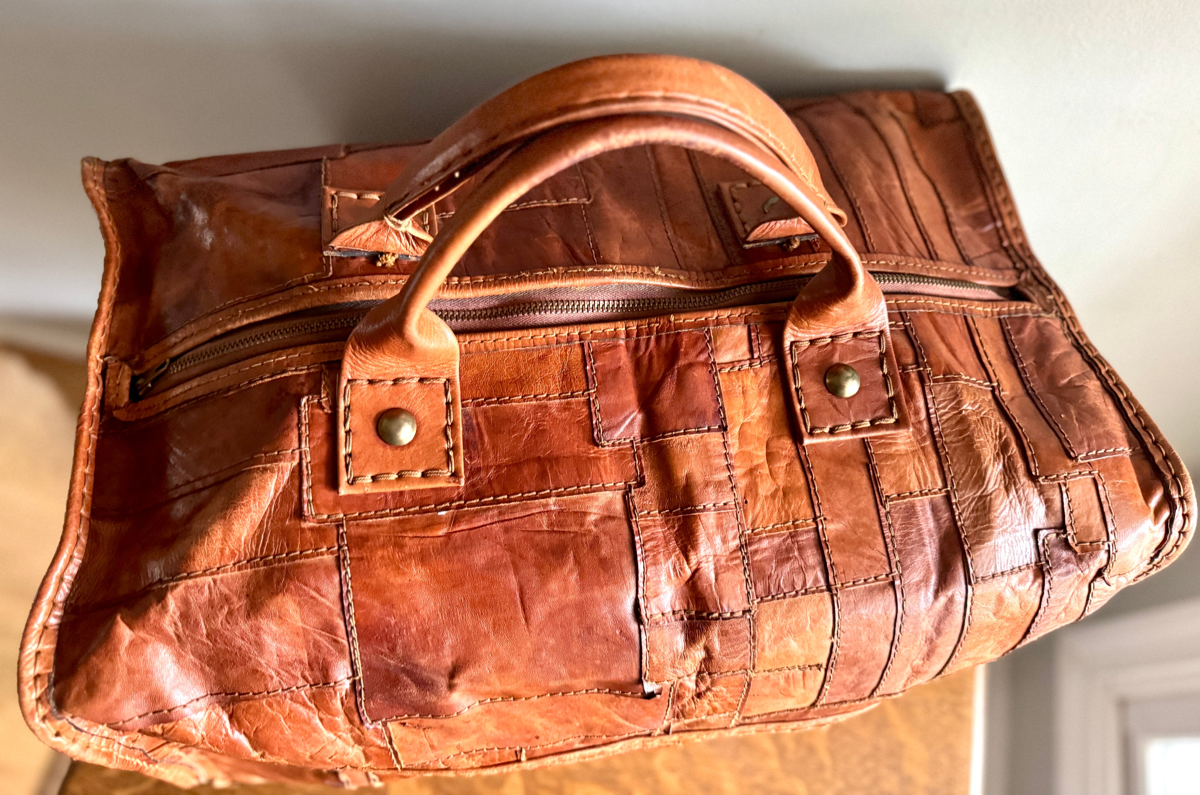 1970's Leather Patchwork Duffle Bag | Patchwork Leather Bag