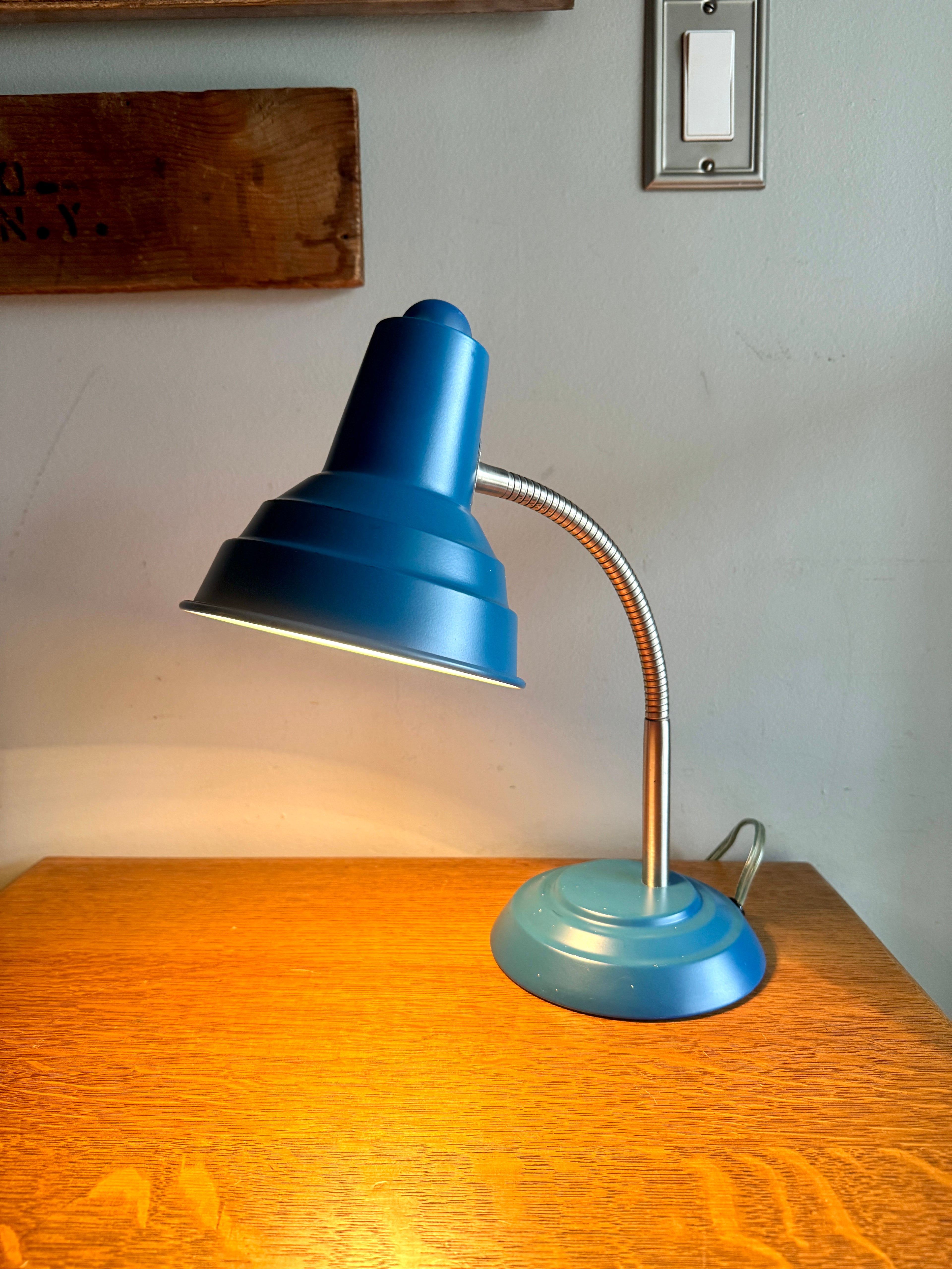 Vtg Blue Gooseneck Desk Lamp | Blue MCM Style Adjustable Desk Lamp