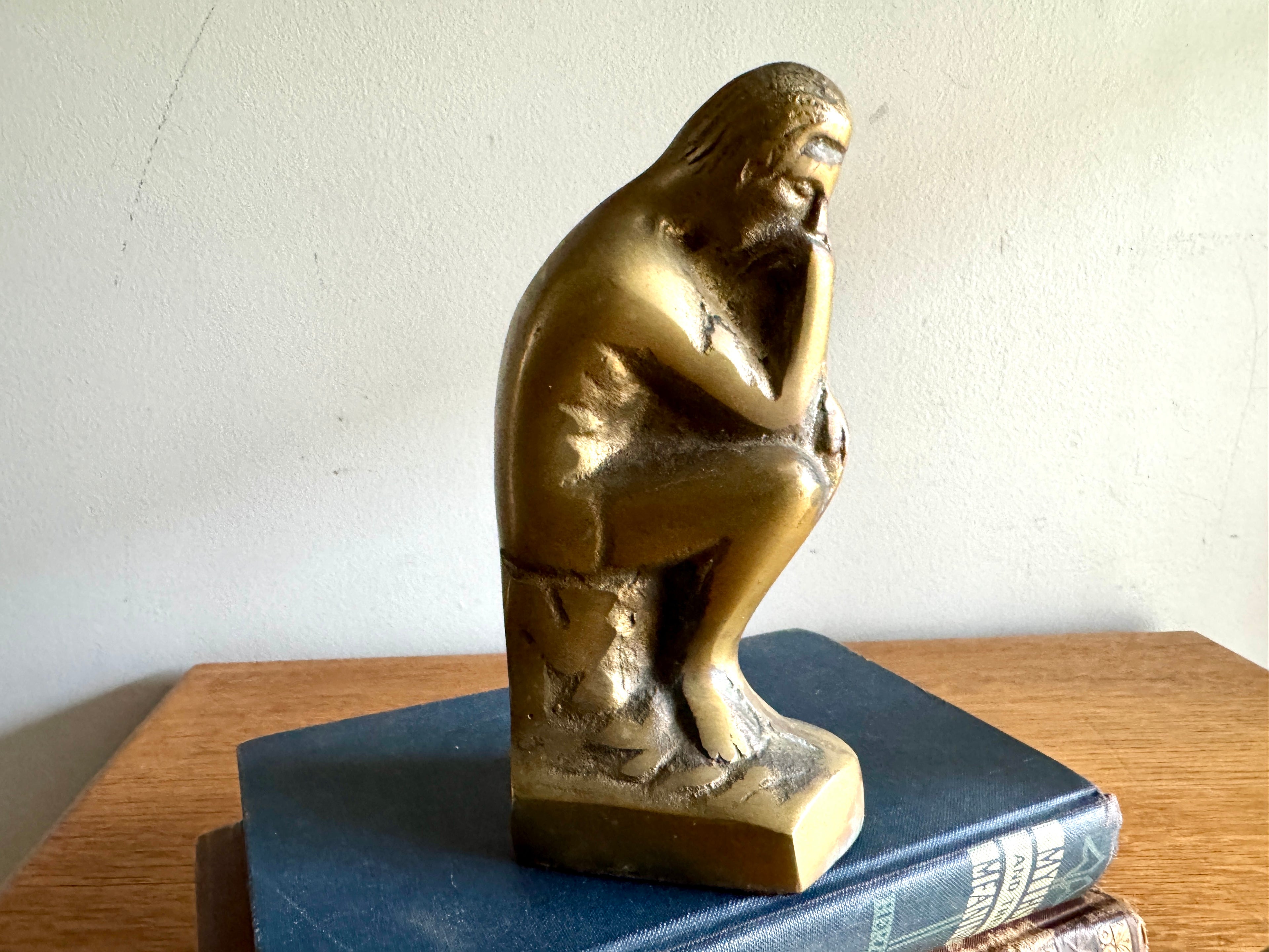 Vtg "THE THINKER" Rodin Heavy Solid Brass Bookends 6" Metal Art Figurine