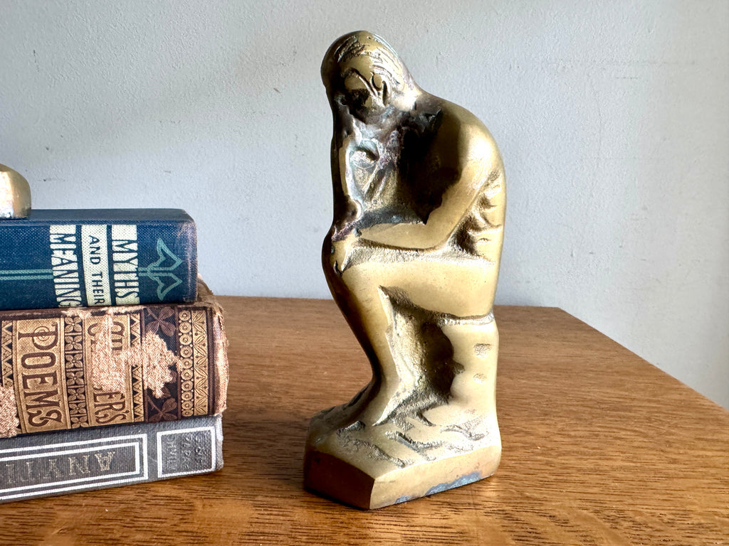 Vtg "THE THINKER" Rodin Heavy Solid Brass Bookends 6" Metal Art Figurine