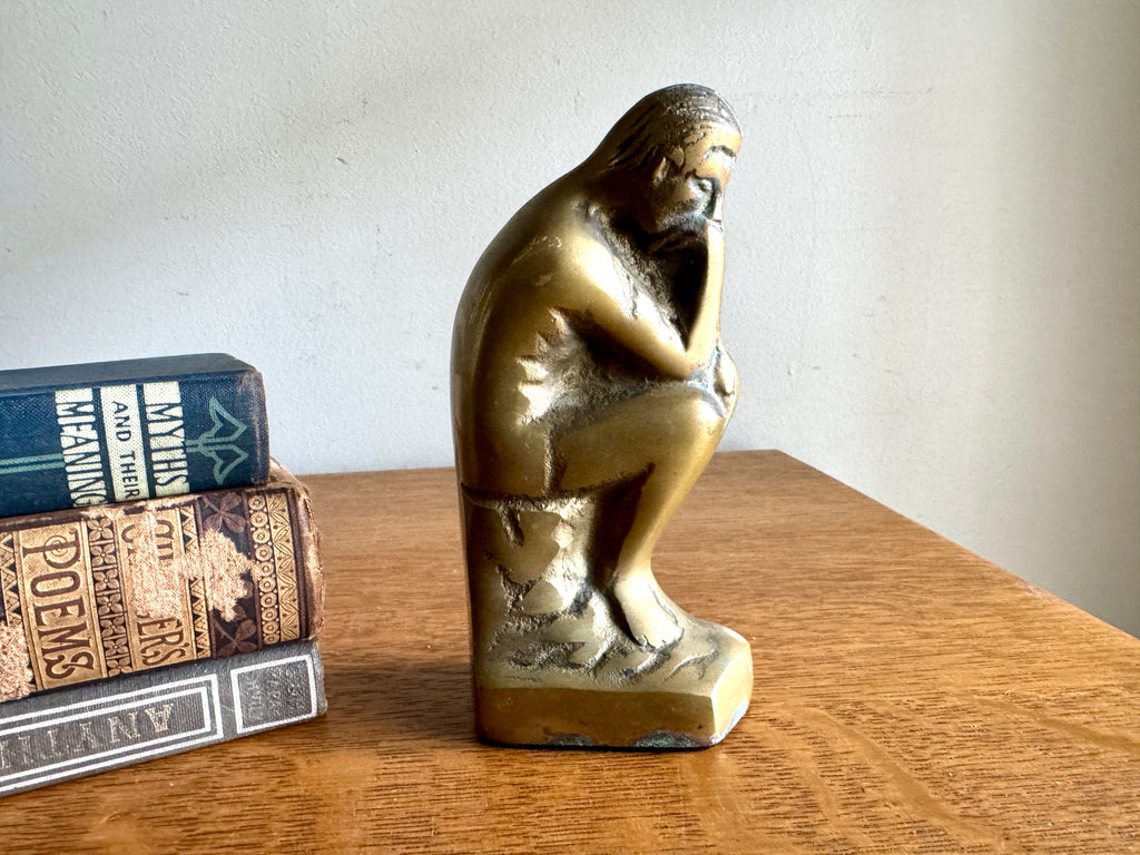 Vtg "THE THINKER" Rodin Heavy Solid Brass Bookends 6" Metal Art Figurine