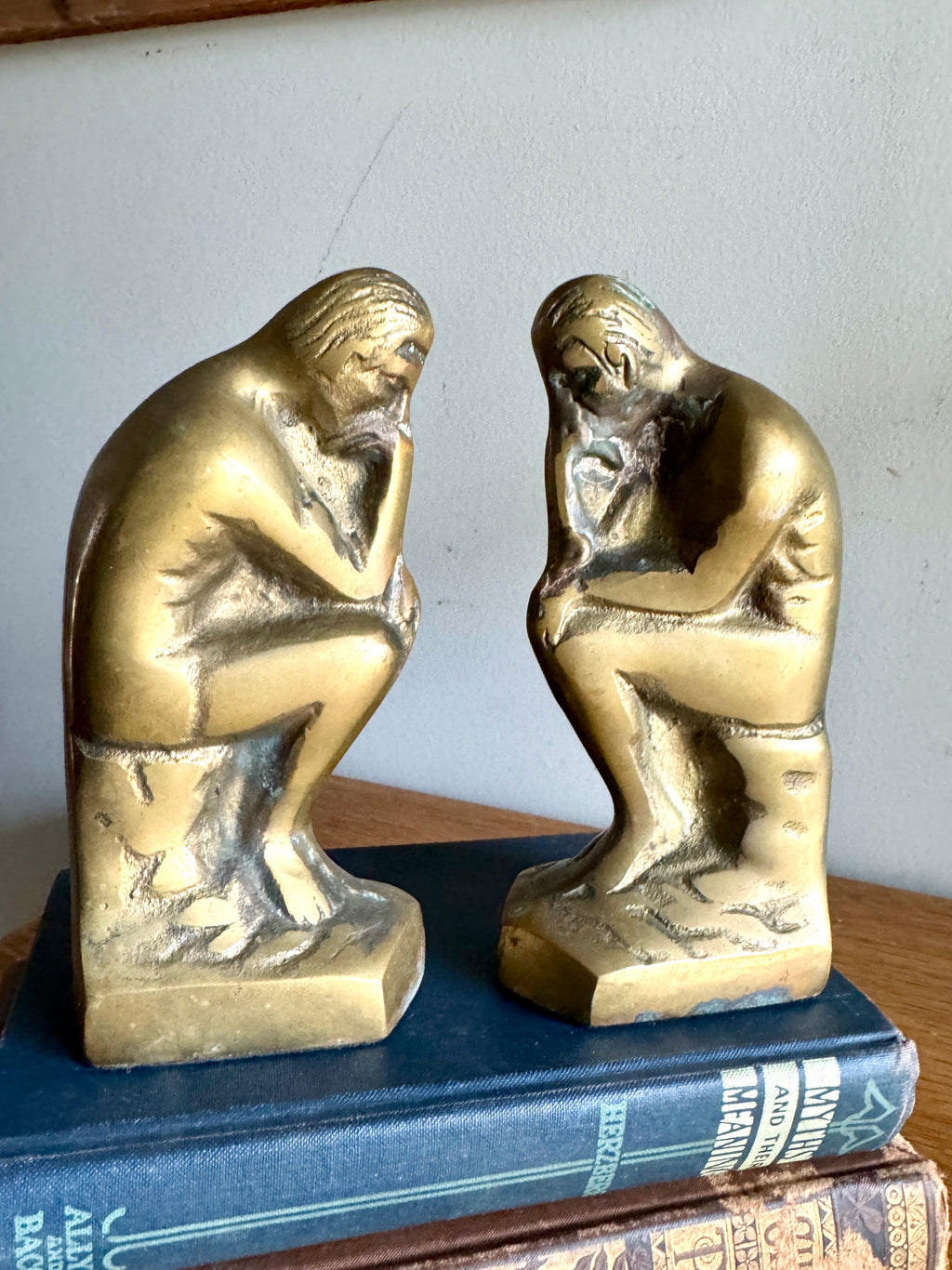 Vtg "THE THINKER" Rodin Heavy Solid Brass Bookends 6" Metal Art Figurine