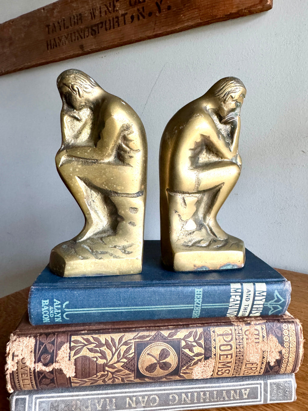 Vtg "THE THINKER" Rodin Heavy Solid Brass Bookends 6" Metal Art Figurine