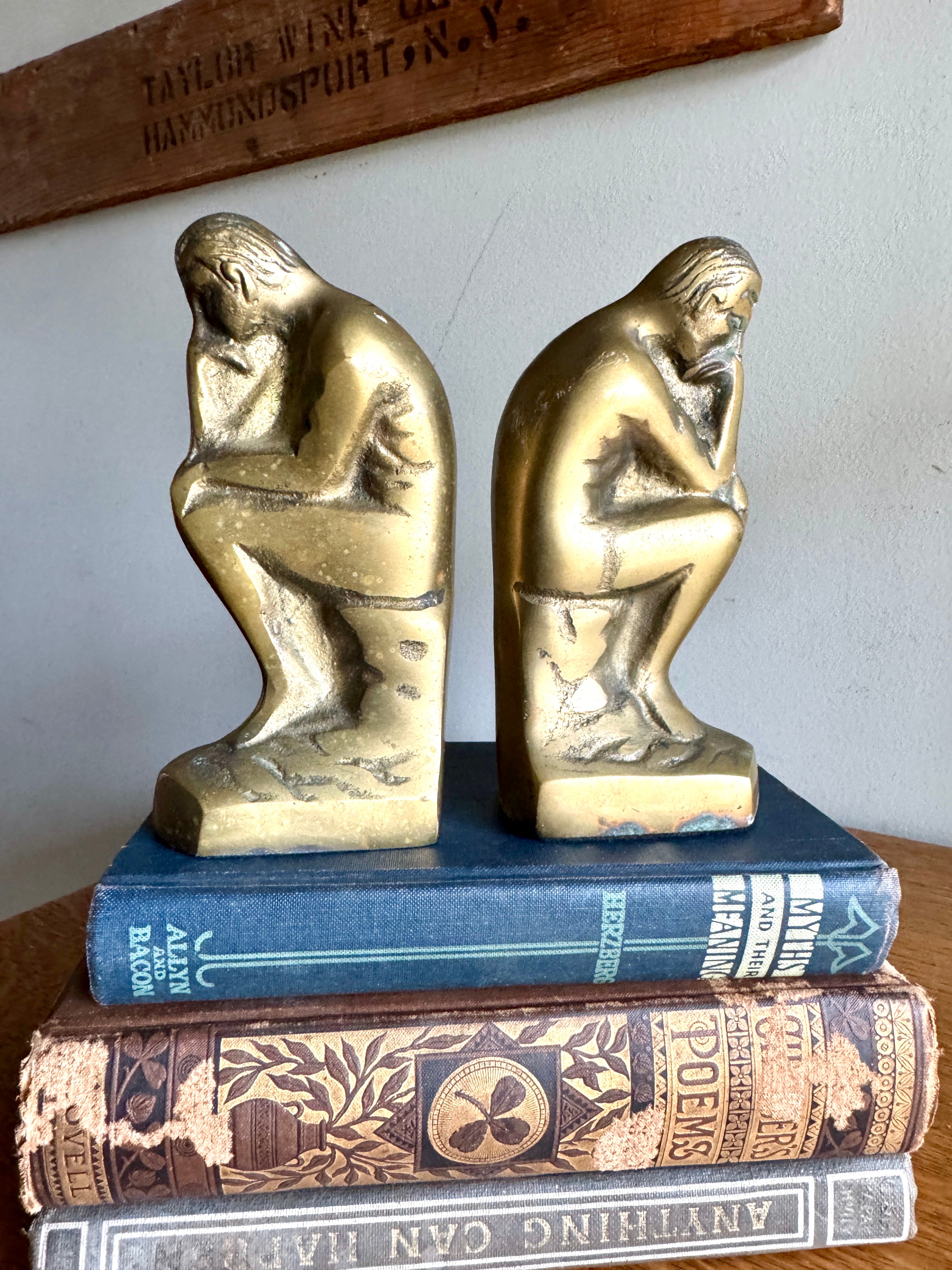 Vtg "THE THINKER" Rodin Heavy Solid Brass Bookends 6" Metal Art Figurine