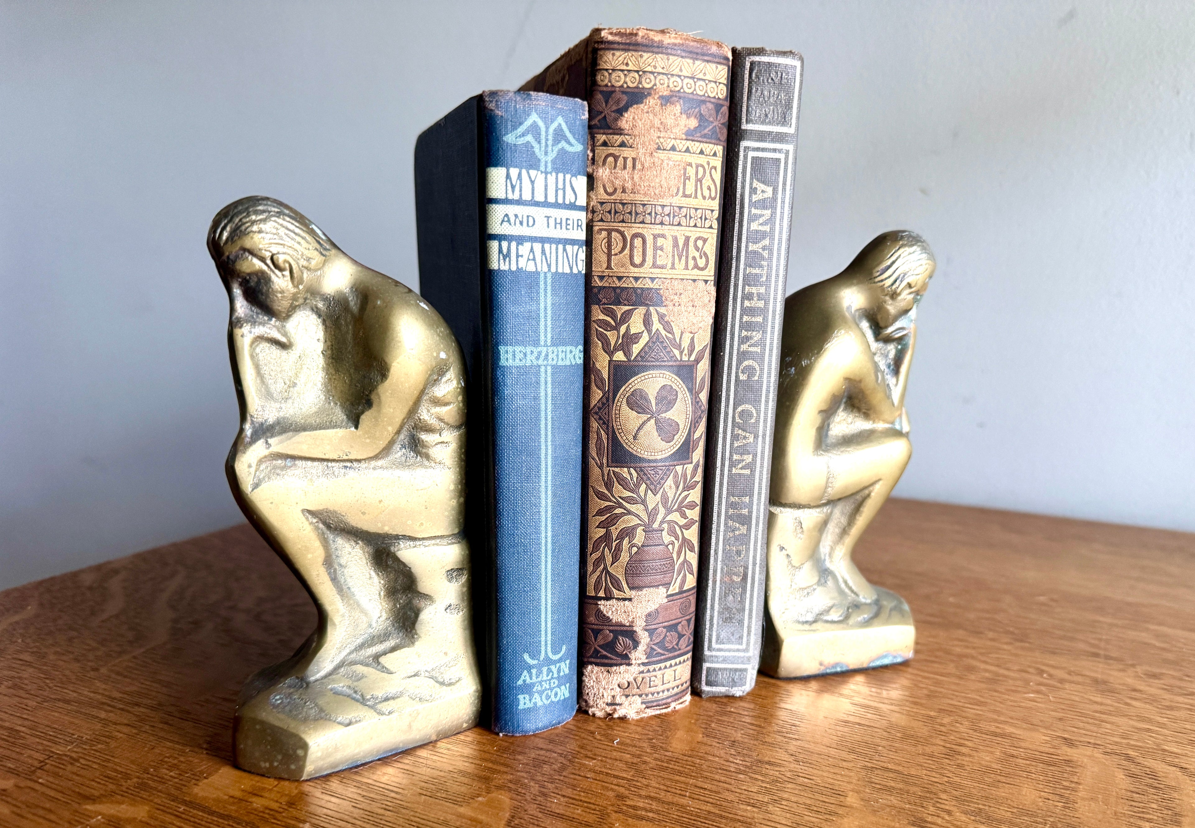 Vtg "THE THINKER" Rodin Heavy Solid Brass Bookends 6" Metal Art Figurine