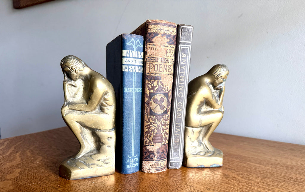 Vtg "THE THINKER" Rodin Heavy Solid Brass Bookends 6" Metal Art Figurine