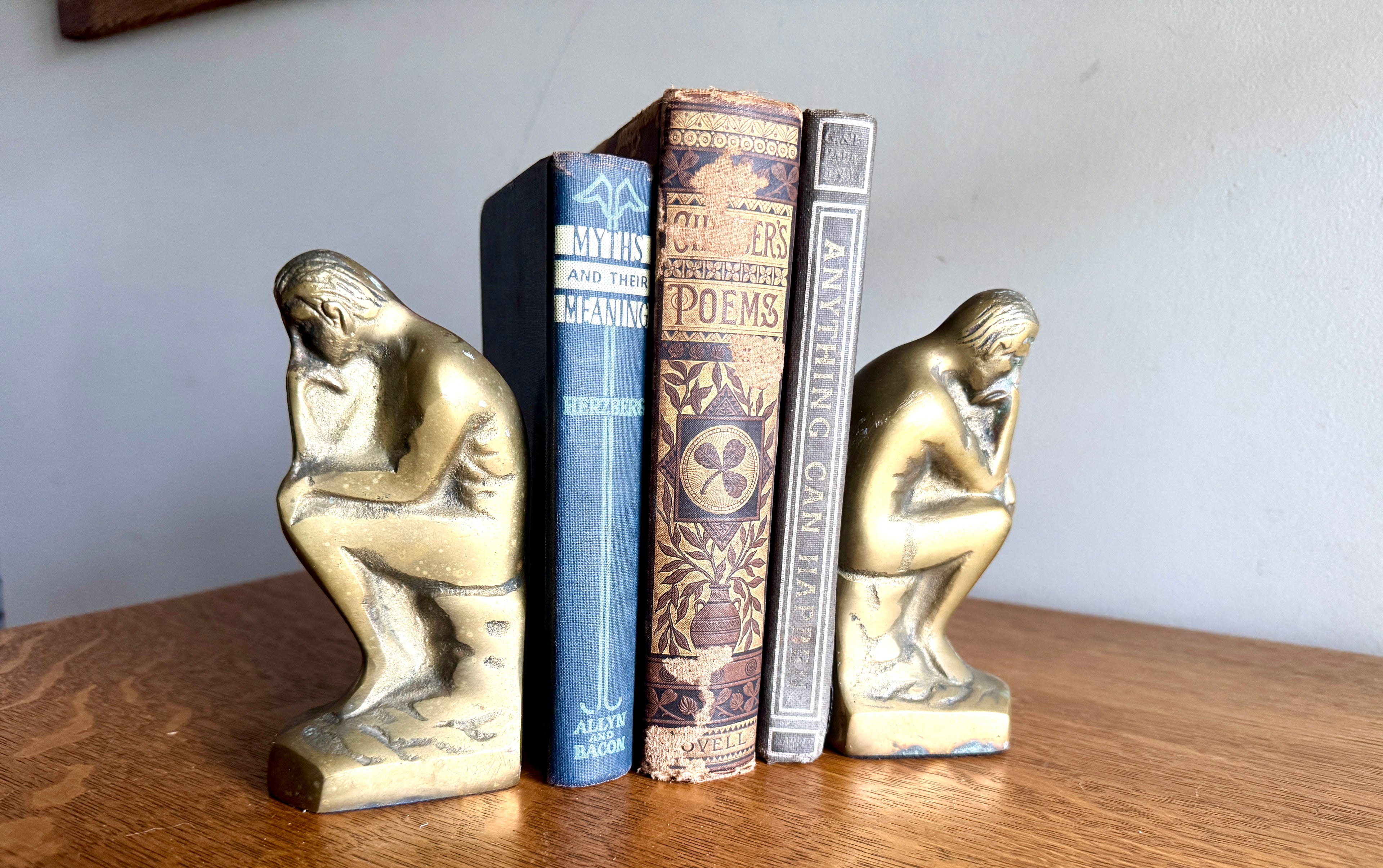 Vtg "THE THINKER" Rodin Heavy Solid Brass Bookends 6" Metal Art Figurine