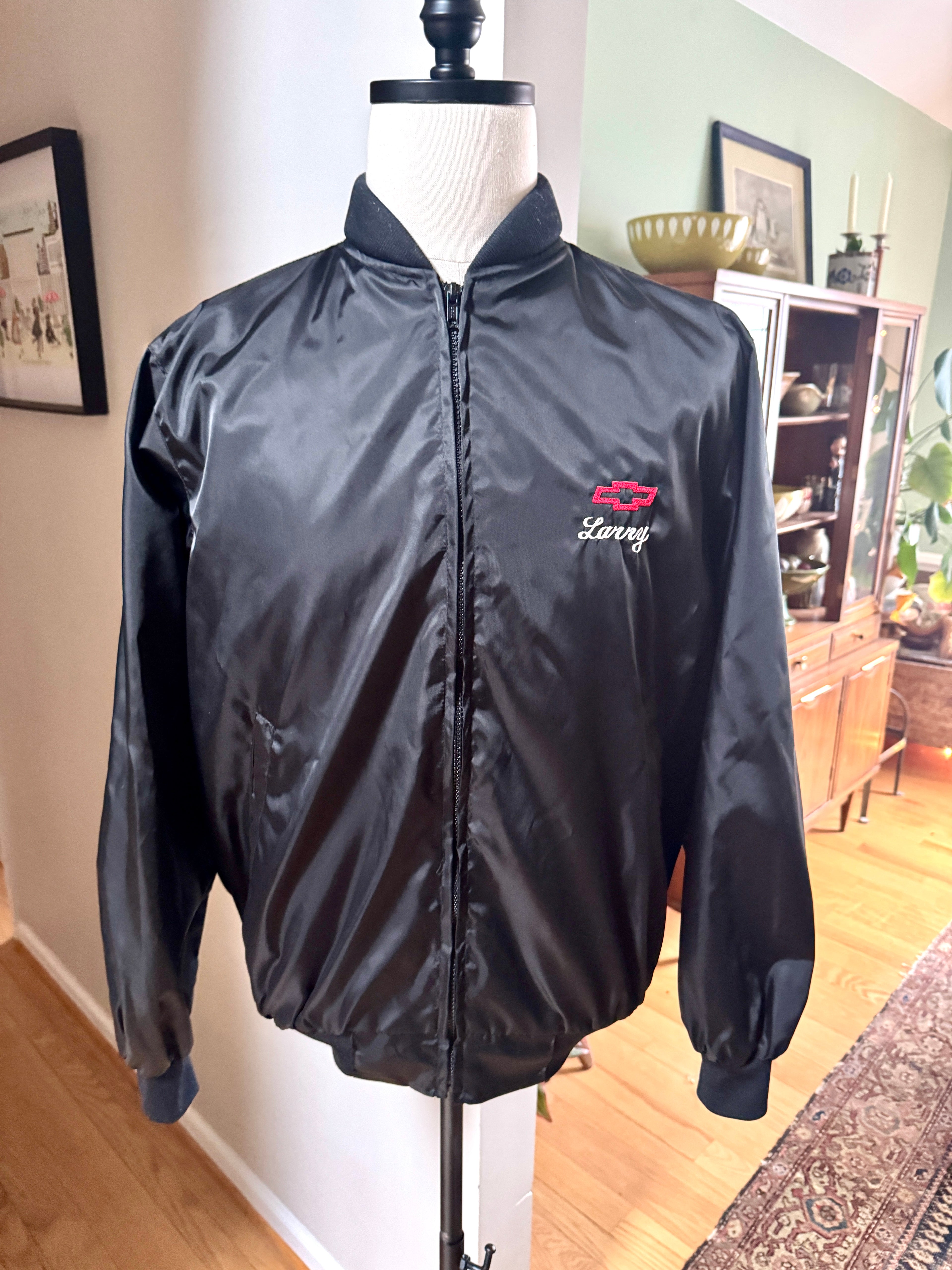 90's Black Chevrolet The Heartbeat of America Satin Jacket 1990s Large | Embroidered Black Chevrolet Jacket (Larry)