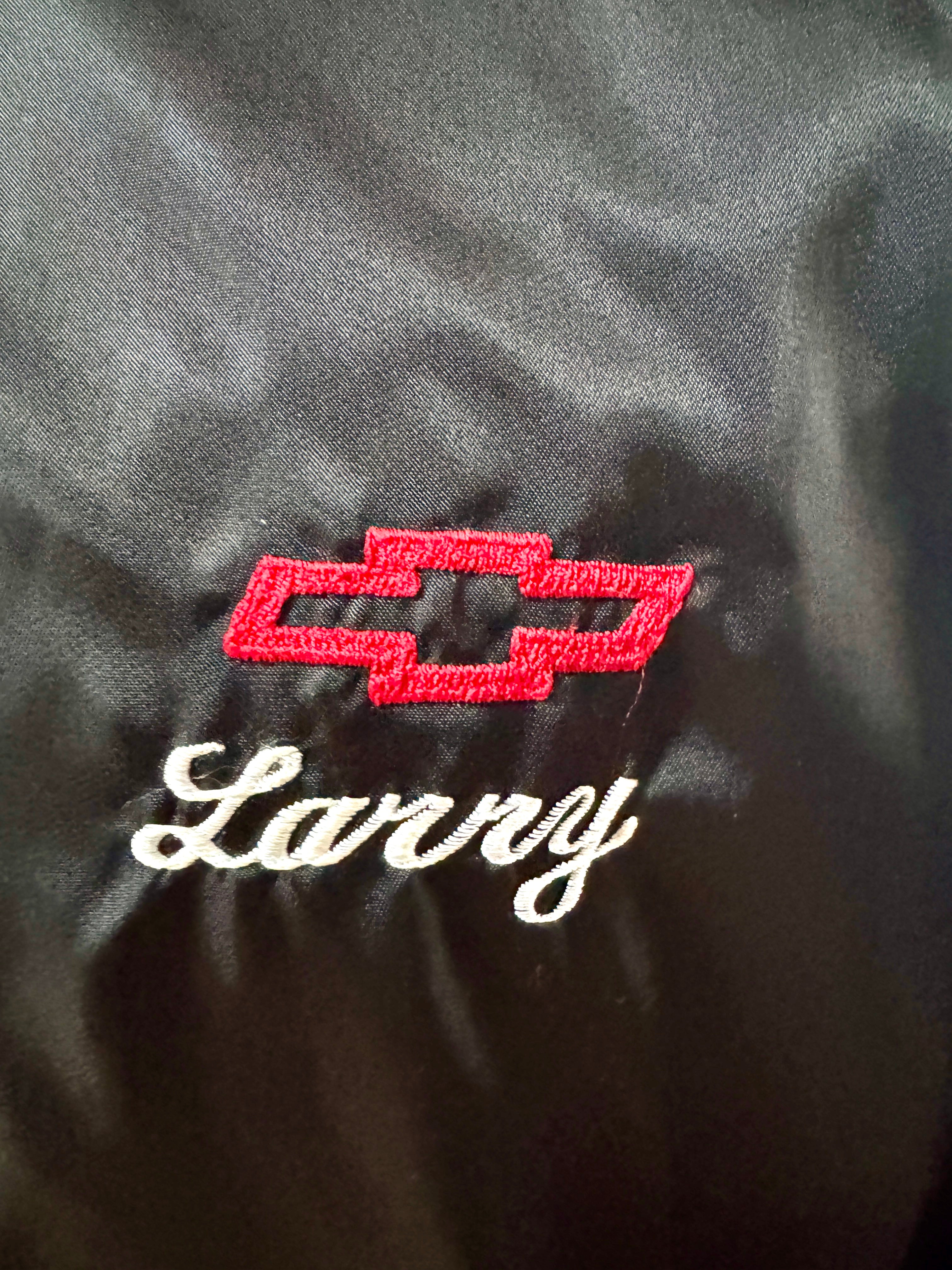 90's Black Chevrolet The Heartbeat of America Satin Jacket 1990s Large | Embroidered Black Chevrolet Jacket (Larry)