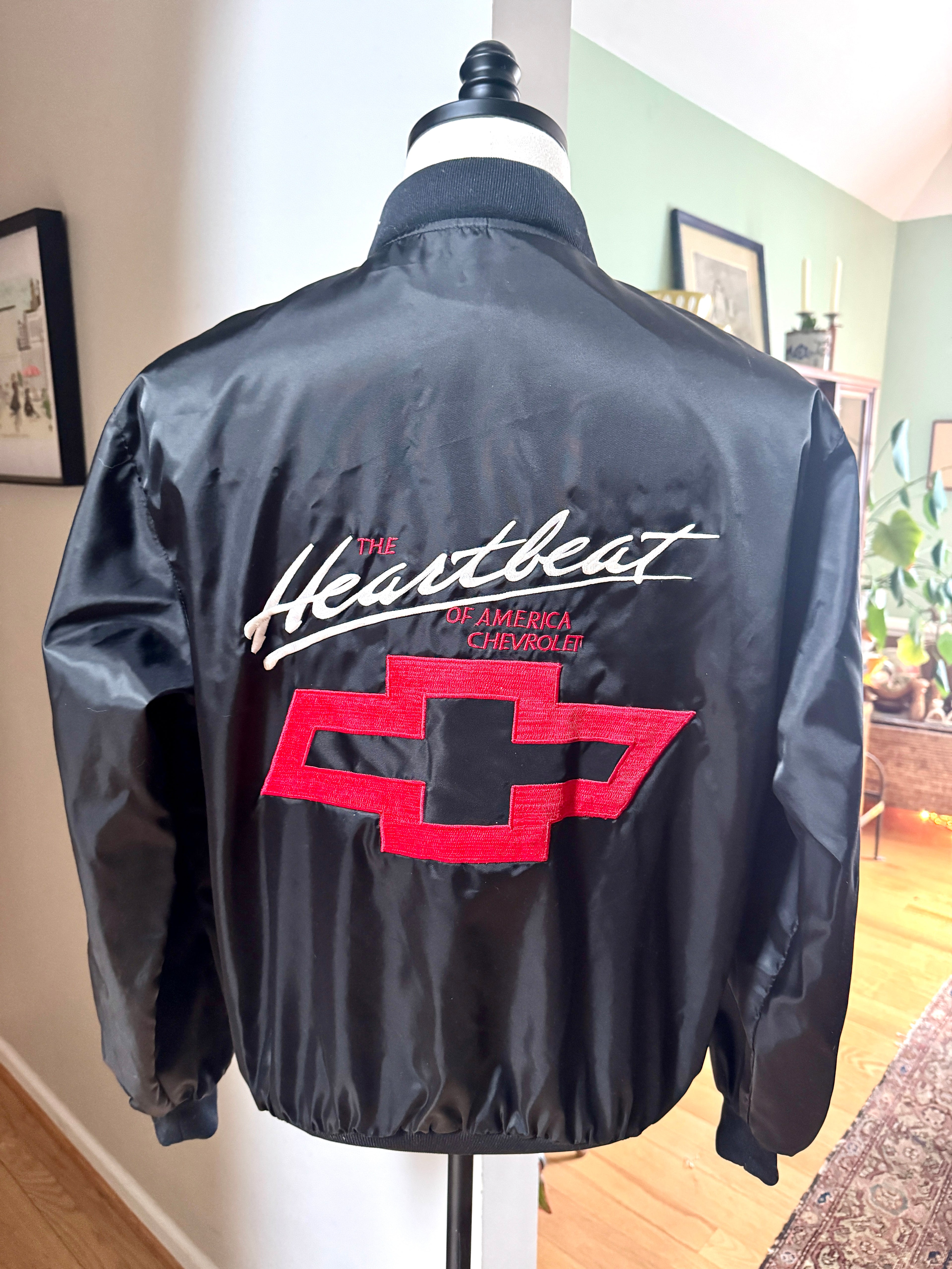 90's Black Chevrolet The Heartbeat of America Satin Jacket 1990s Large | Embroidered Black Chevrolet Jacket (Larry)