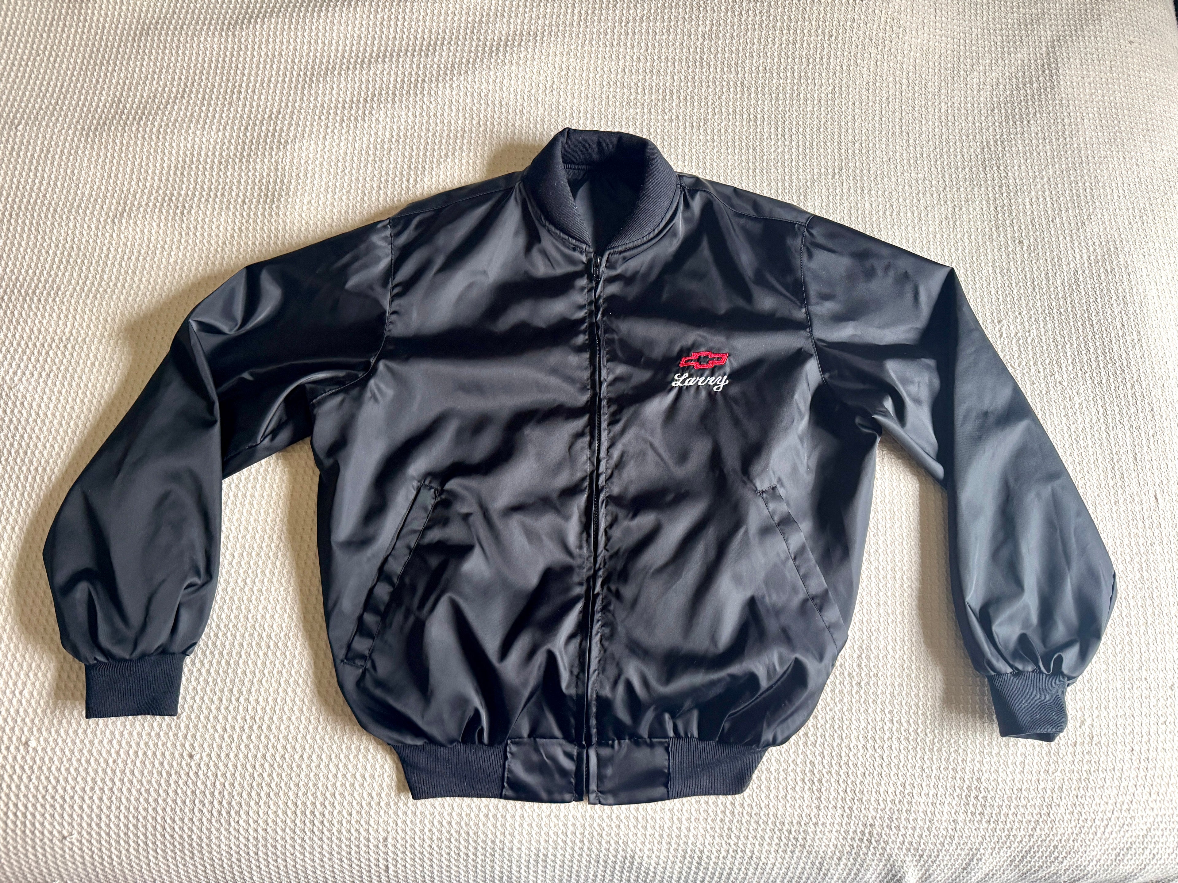 90's Black Chevrolet The Heartbeat of America Satin Jacket 1990s Large | Embroidered Black Chevrolet Jacket (Larry)