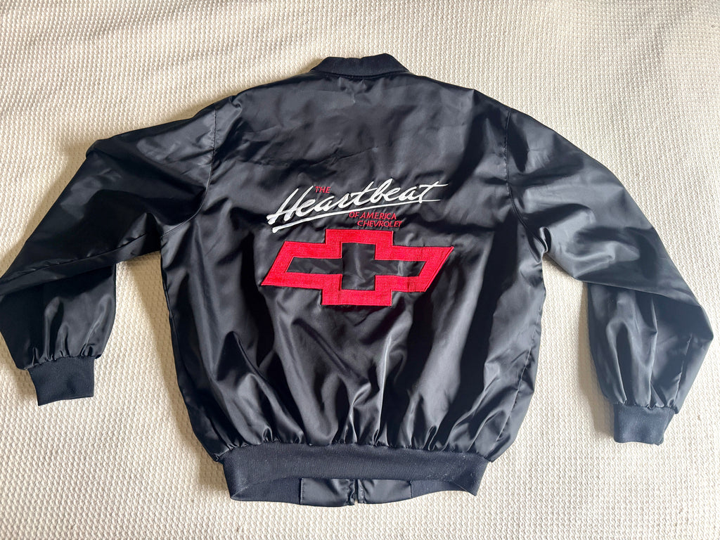 90's Black Chevrolet The Heartbeat of America Satin Jacket 1990s Large | Embroidered Black Chevrolet Jacket (Larry)