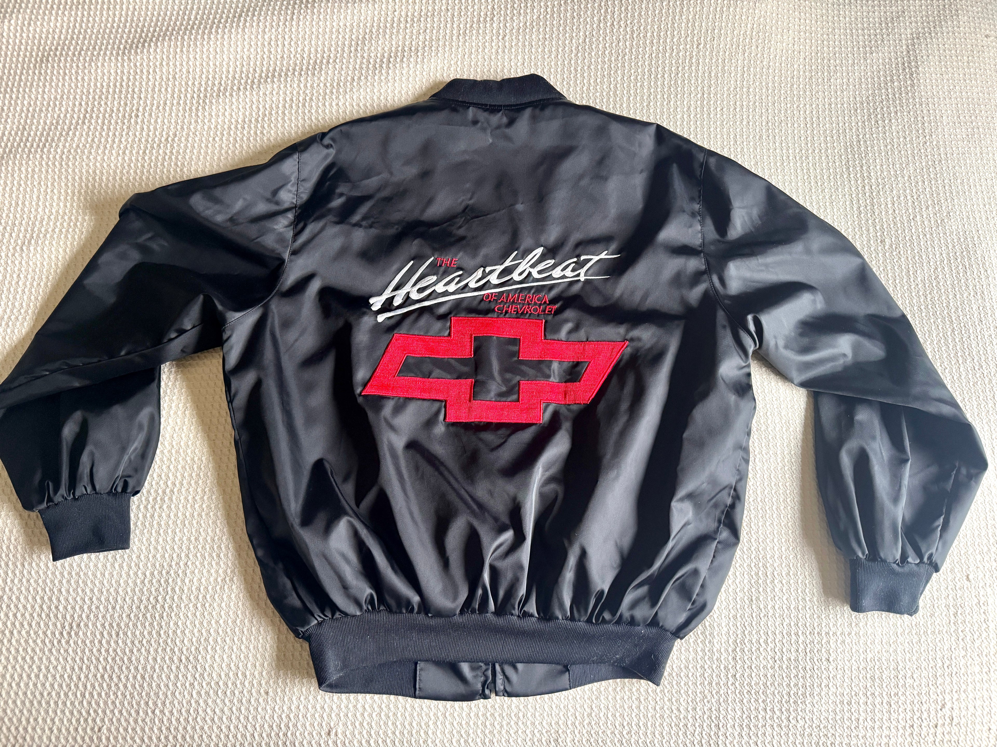 90's Black Chevrolet The Heartbeat of America Satin Jacket 1990s Large | Embroidered Black Chevrolet Jacket (Larry)