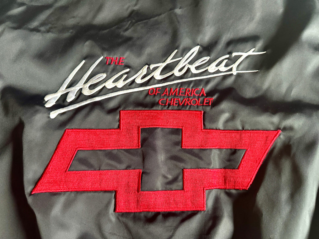 90's Black Chevrolet The Heartbeat of America Satin Jacket 1990s Large | Embroidered Black Chevrolet Jacket (Larry)