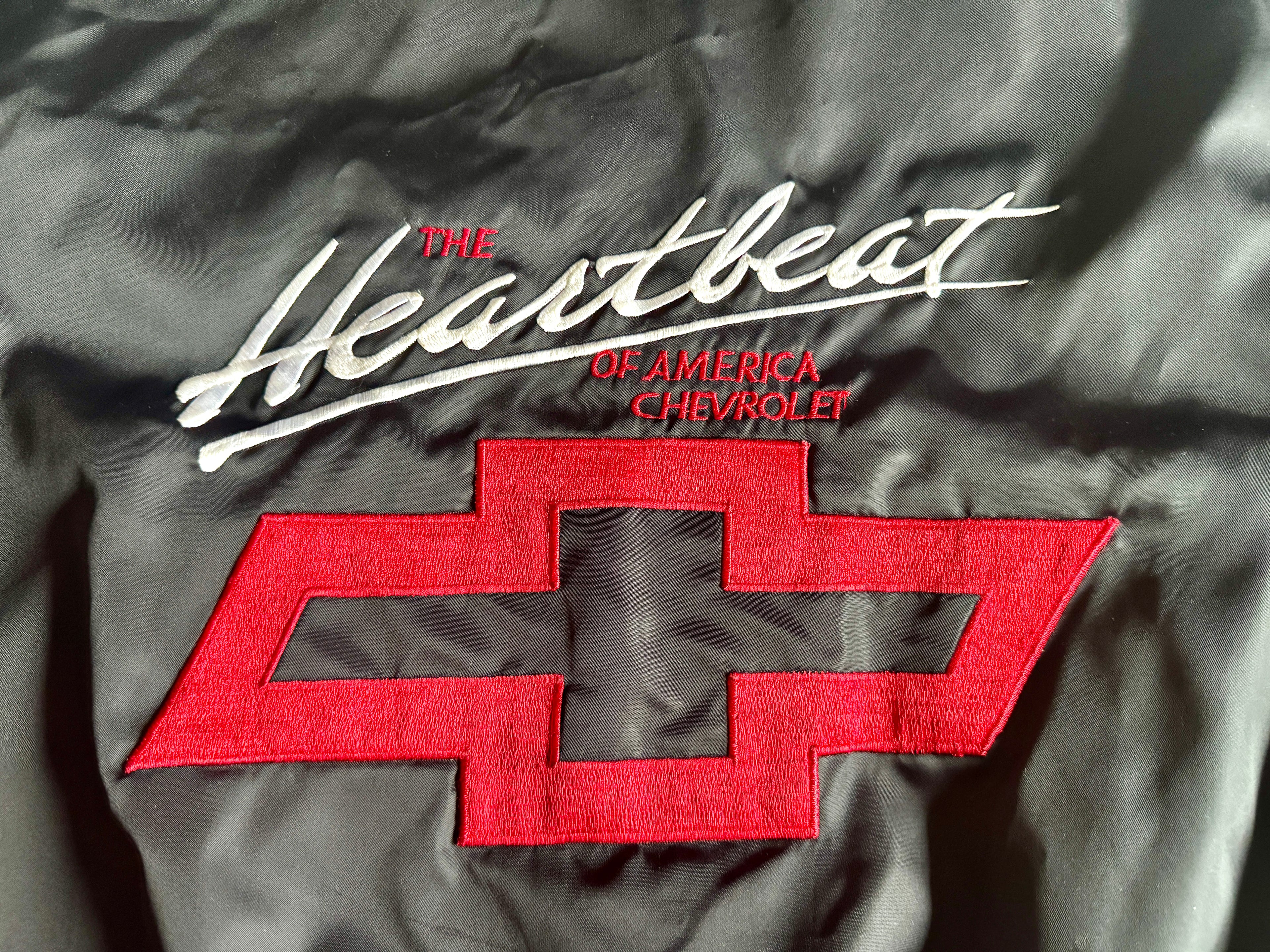 90's Black Chevrolet The Heartbeat of America Satin Jacket 1990s Large | Embroidered Black Chevrolet Jacket (Larry)