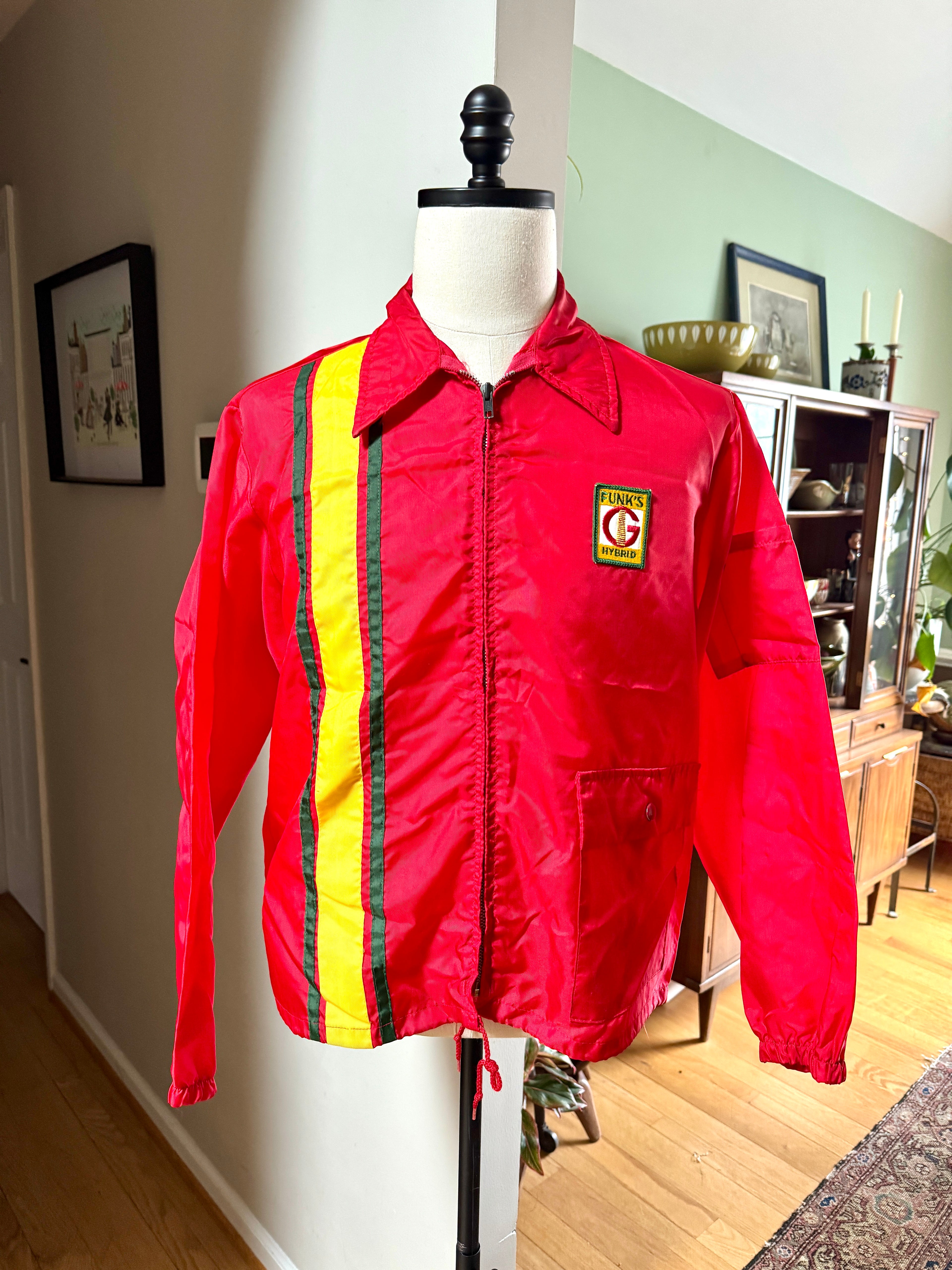 Vtg Swingster Funks G Hybrid (M) Red Windbreaker Racing Stripe Jacket Farm