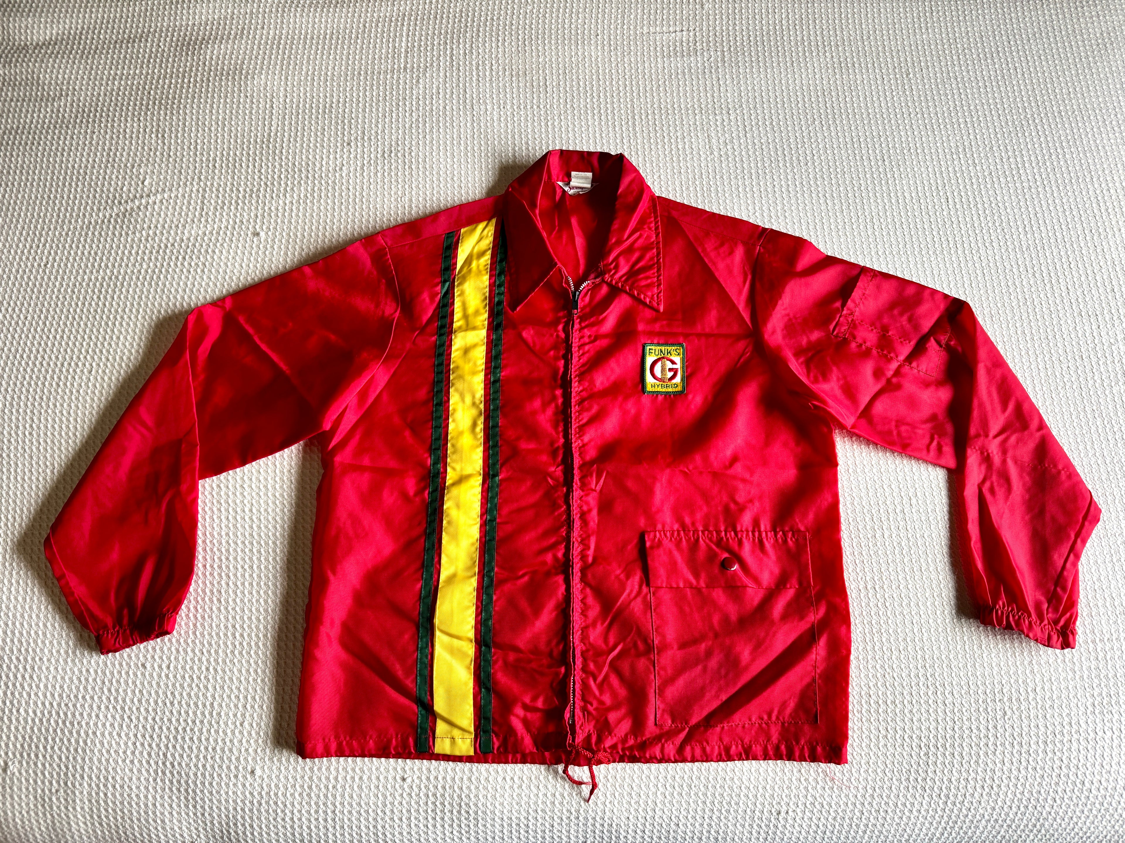 Vtg Swingster Funks G Hybrid (M) Red Windbreaker Racing Stripe Jacket Farm