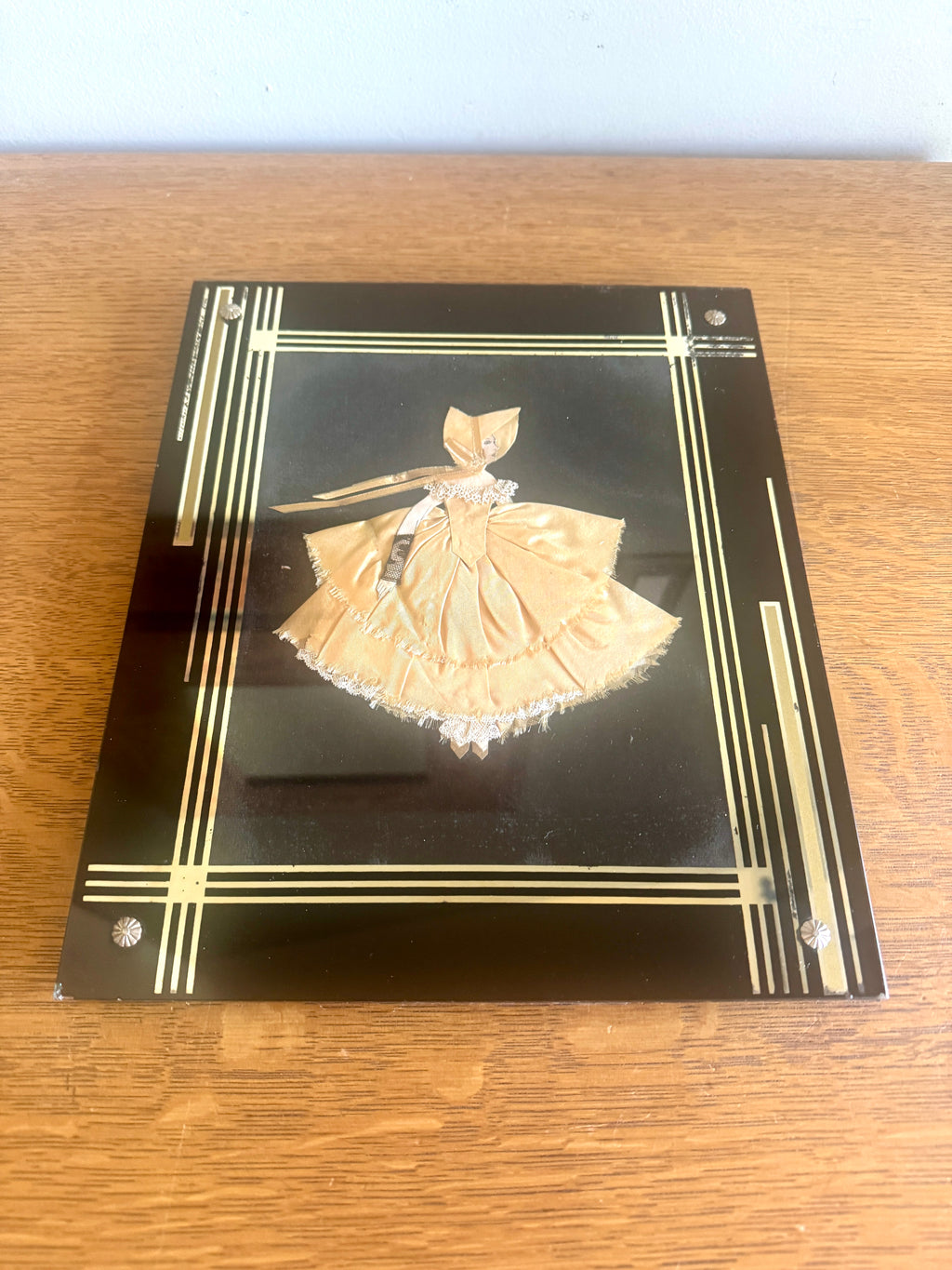1930s Art Deco Glass Framed Ribbon Doll ~ Framed Paper Doll Satin Ribbon Dress