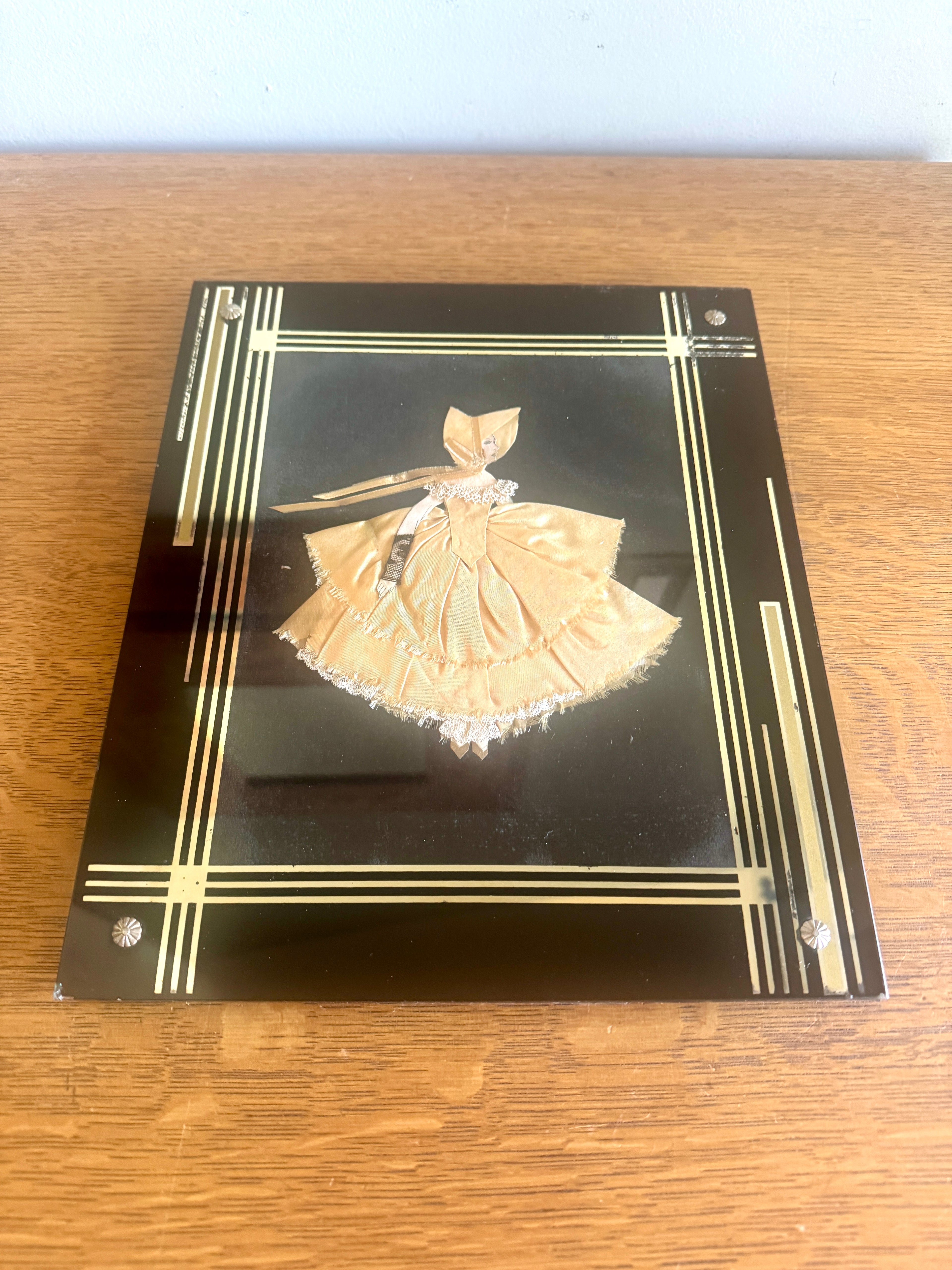 1930s Art Deco Glass Framed Ribbon Doll ~ Framed Paper Doll Satin Ribbon Dress