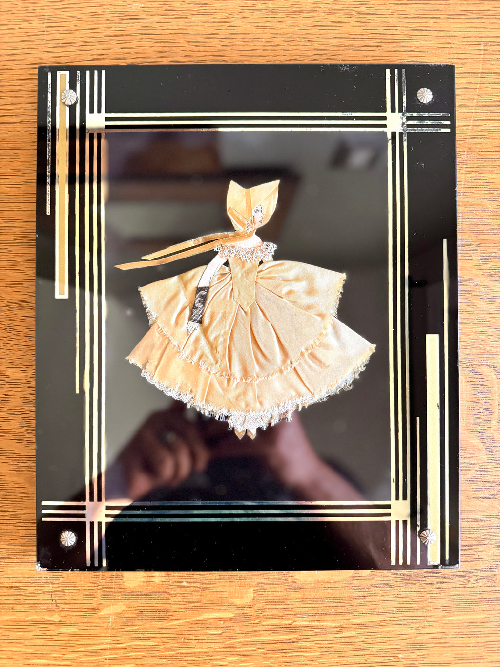 1930s Art Deco Glass Framed Ribbon Doll ~ Framed Paper Doll Satin Ribbon Dress