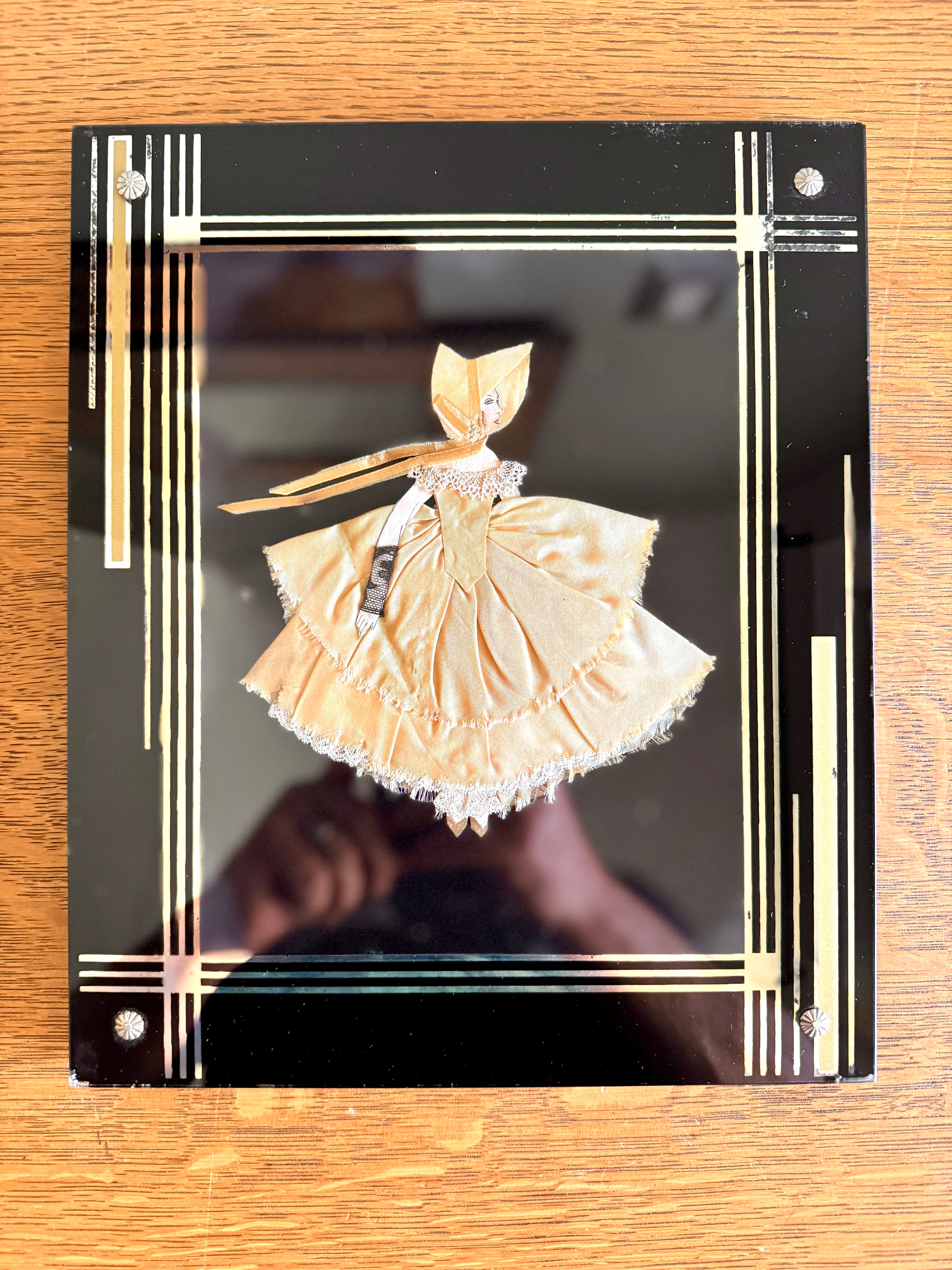 1930s Art Deco Glass Framed Ribbon Doll ~ Framed Paper Doll Satin Ribbon Dress