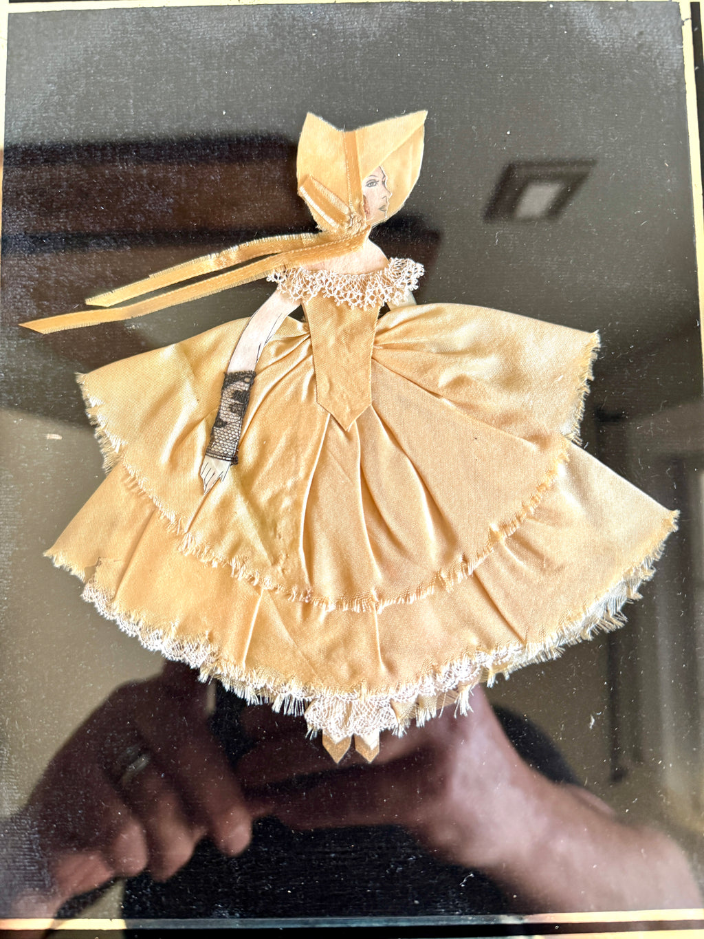 1930s Art Deco Glass Framed Ribbon Doll ~ Framed Paper Doll Satin Ribbon Dress