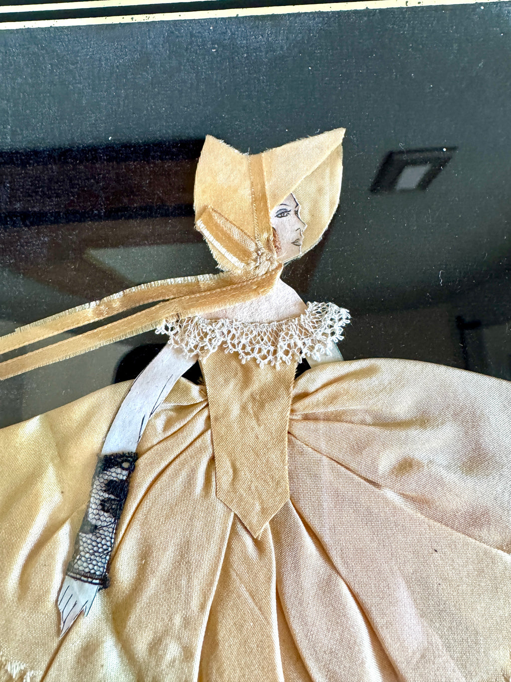 1930s Art Deco Glass Framed Ribbon Doll ~ Framed Paper Doll Satin Ribbon Dress