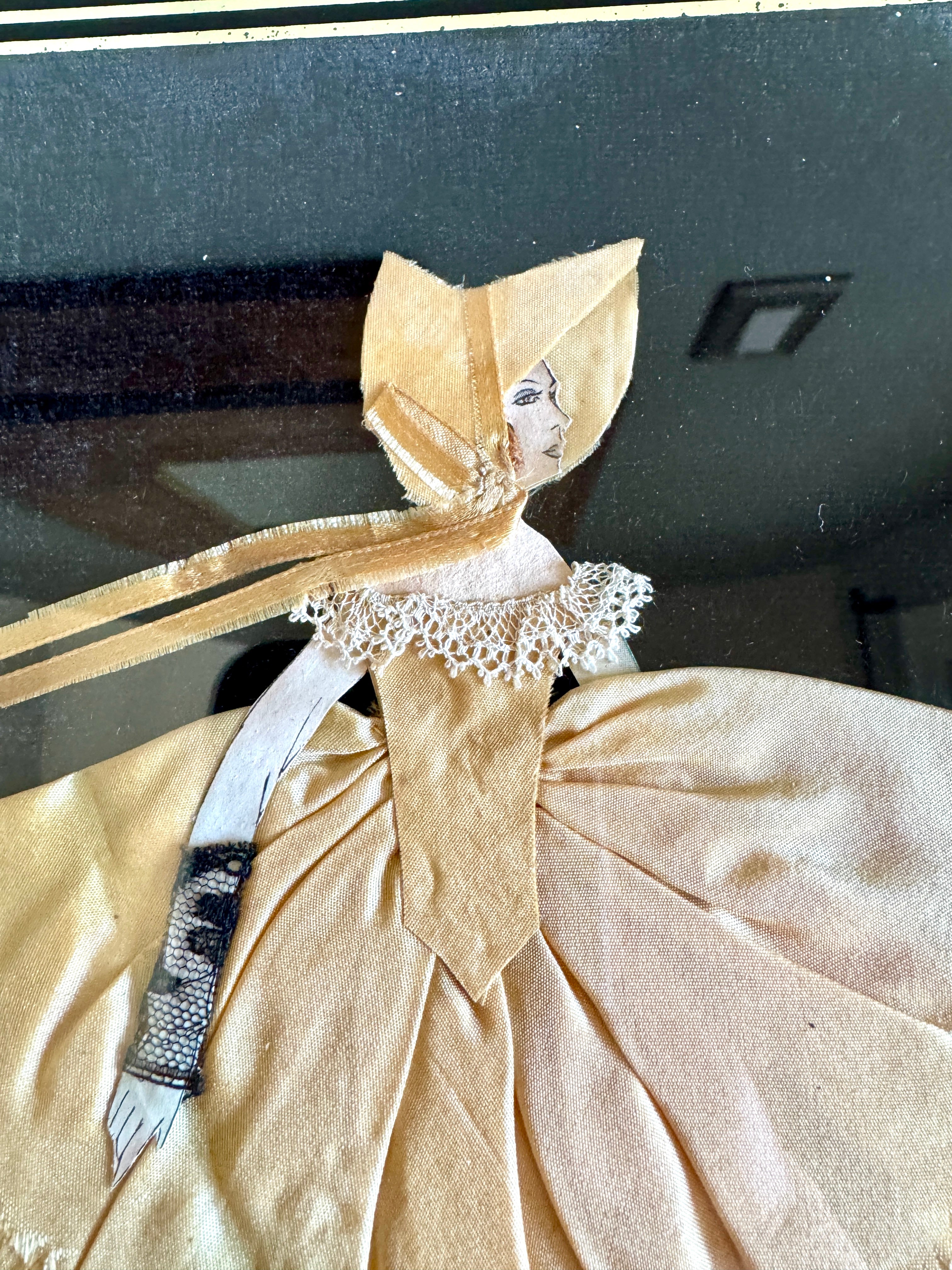 1930s Art Deco Glass Framed Ribbon Doll ~ Framed Paper Doll Satin Ribbon Dress