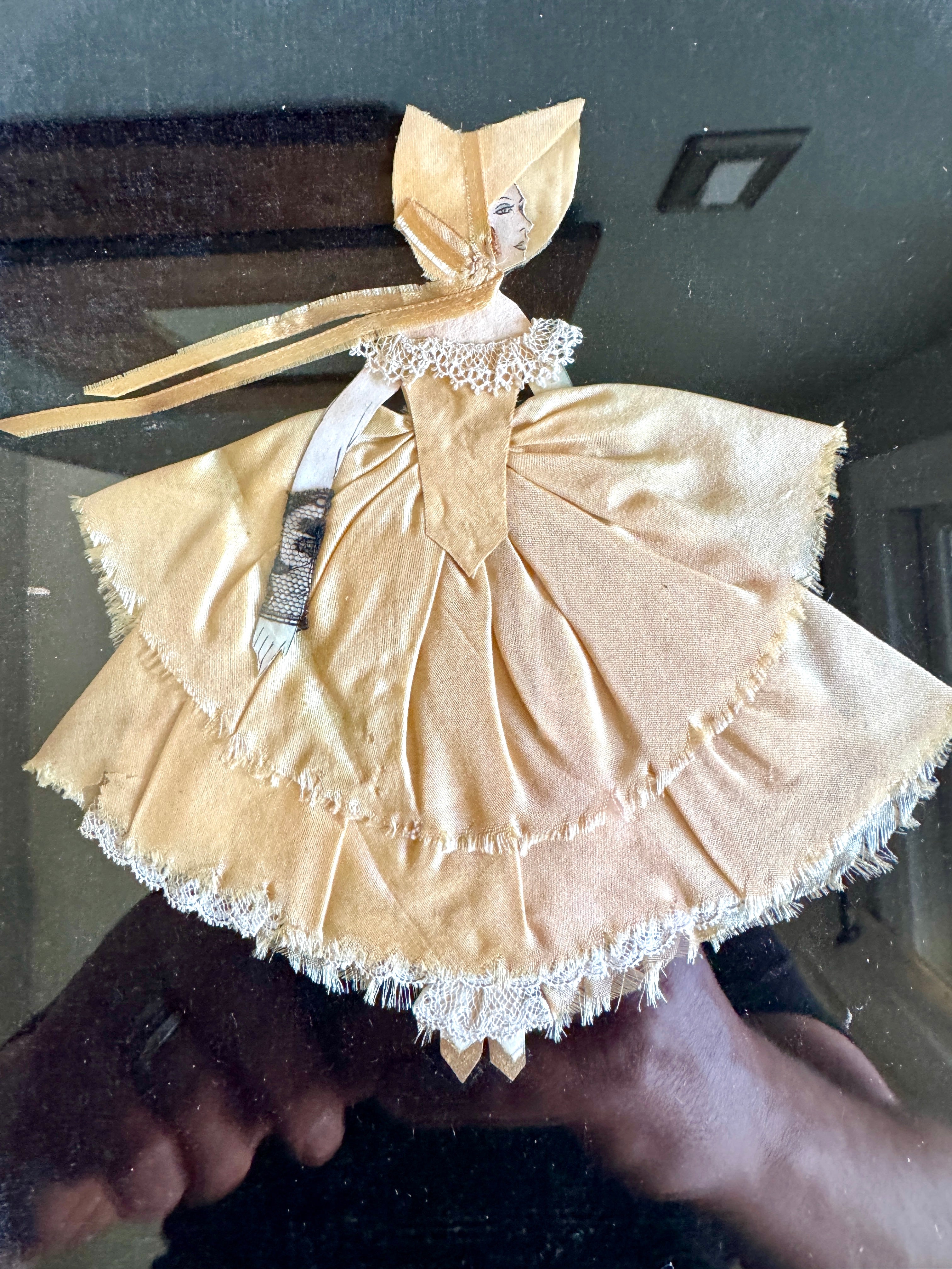 1930s Art Deco Glass Framed Ribbon Doll ~ Framed Paper Doll Satin Ribbon Dress