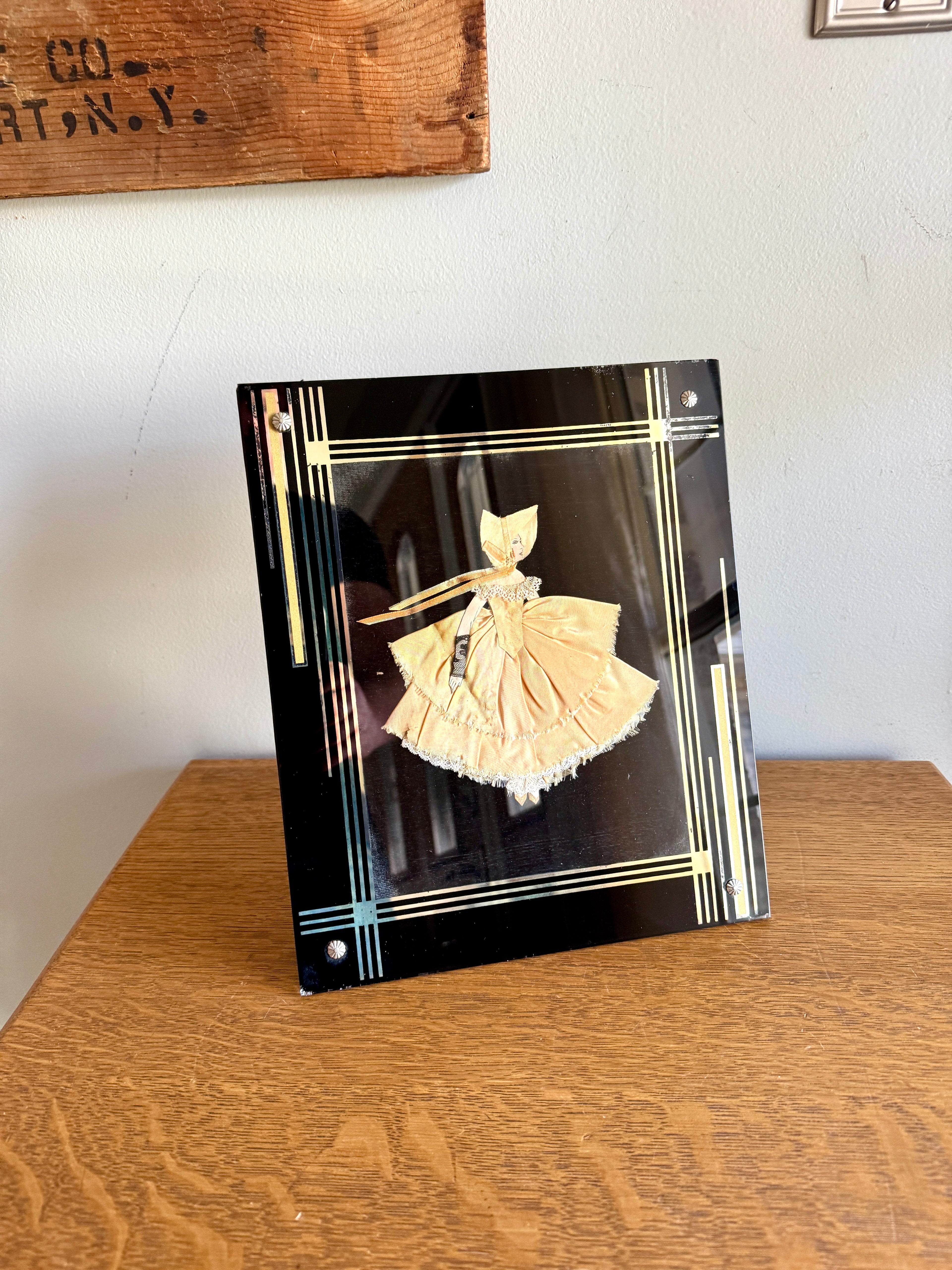 1930s Art Deco Glass Framed Ribbon Doll ~ Framed Paper Doll Satin Ribbon Dress