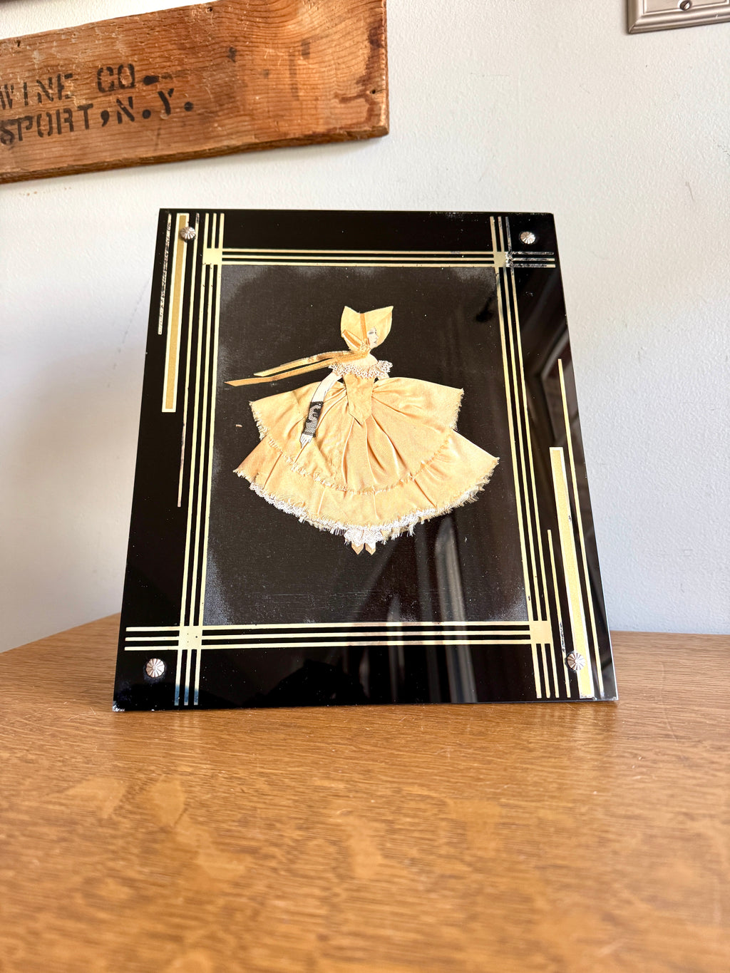 1930s Art Deco Glass Framed Ribbon Doll ~ Framed Paper Doll Satin Ribbon Dress