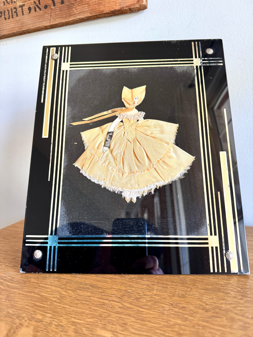 1930s Art Deco Glass Framed Ribbon Doll ~ Framed Paper Doll Satin Ribbon Dress