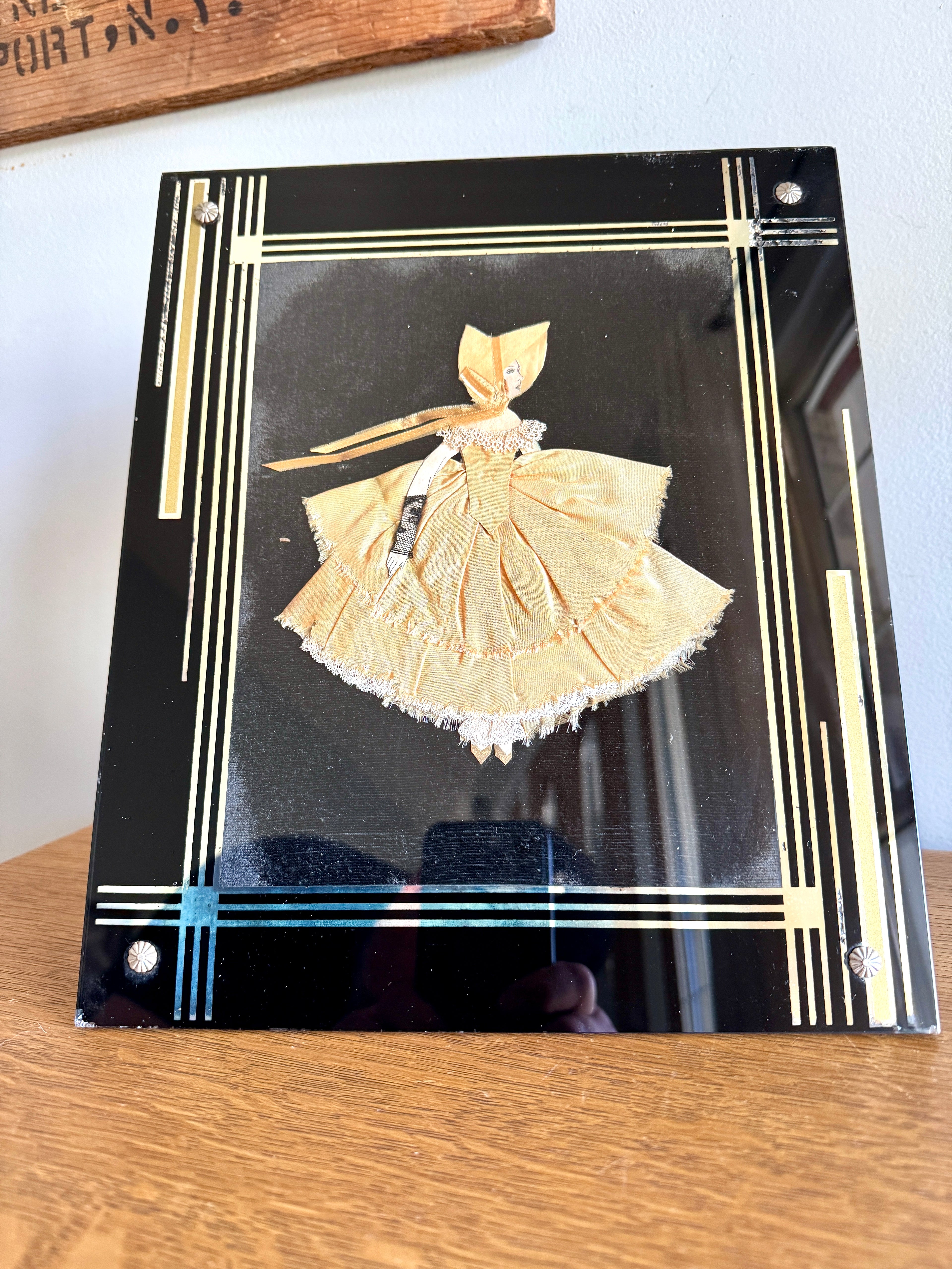1930s Art Deco Glass Framed Ribbon Doll ~ Framed Paper Doll Satin Ribbon Dress