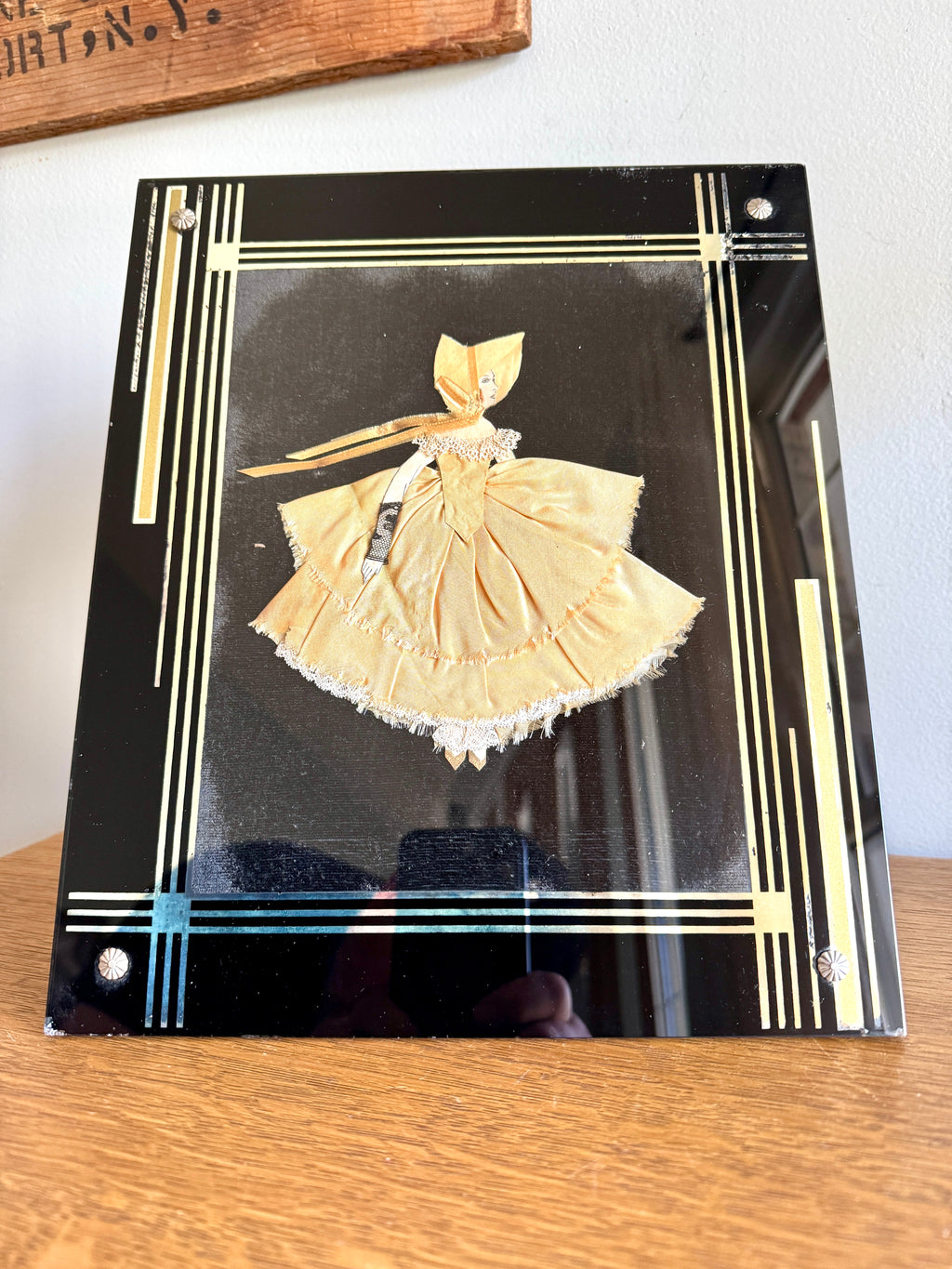 1930s Art Deco Glass Framed Ribbon Doll ~ Framed Paper Doll Satin Ribbon Dress