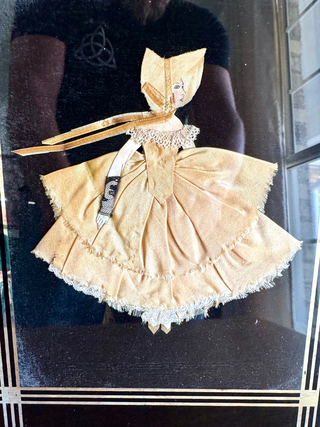 1930s Art Deco Glass Framed Ribbon Doll ~ Framed Paper Doll Satin Ribbon Dress