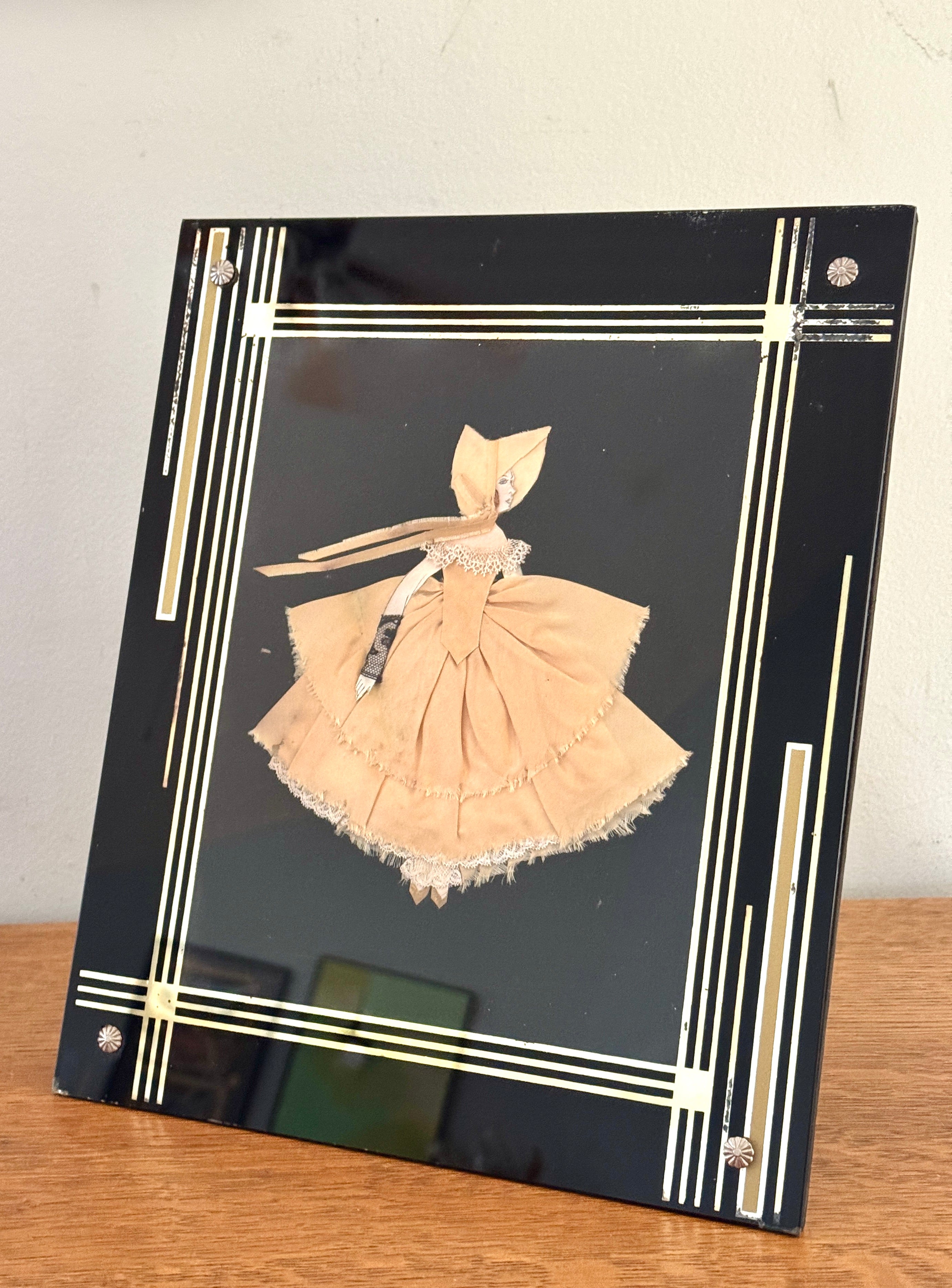 1930s Art Deco Glass Framed Ribbon Doll ~ Framed Paper Doll Satin Ribbon Dress