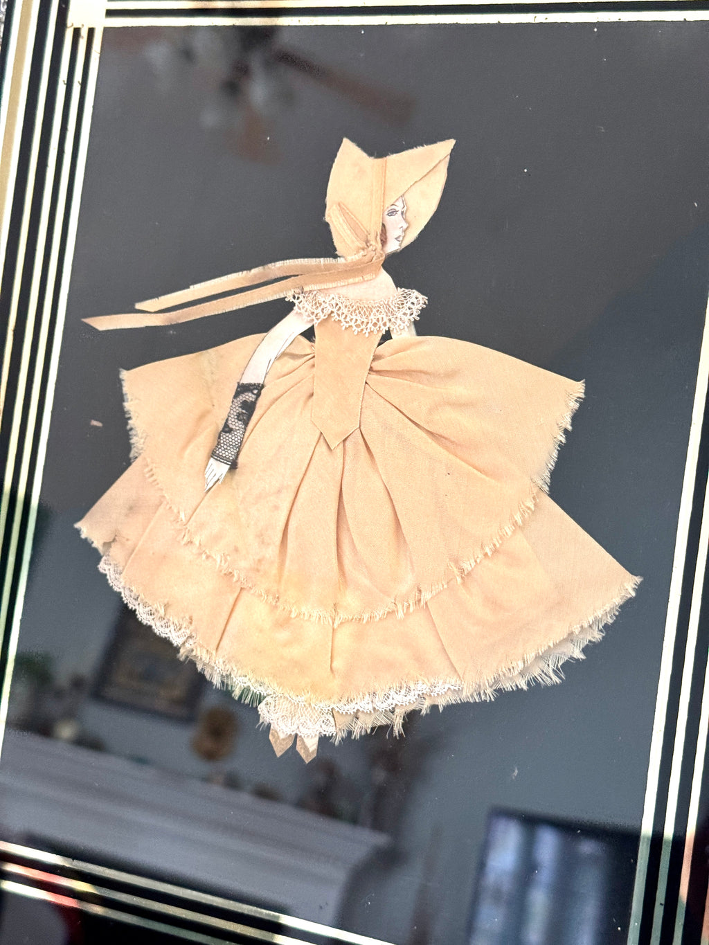 1930s Art Deco Glass Framed Ribbon Doll ~ Framed Paper Doll Satin Ribbon Dress