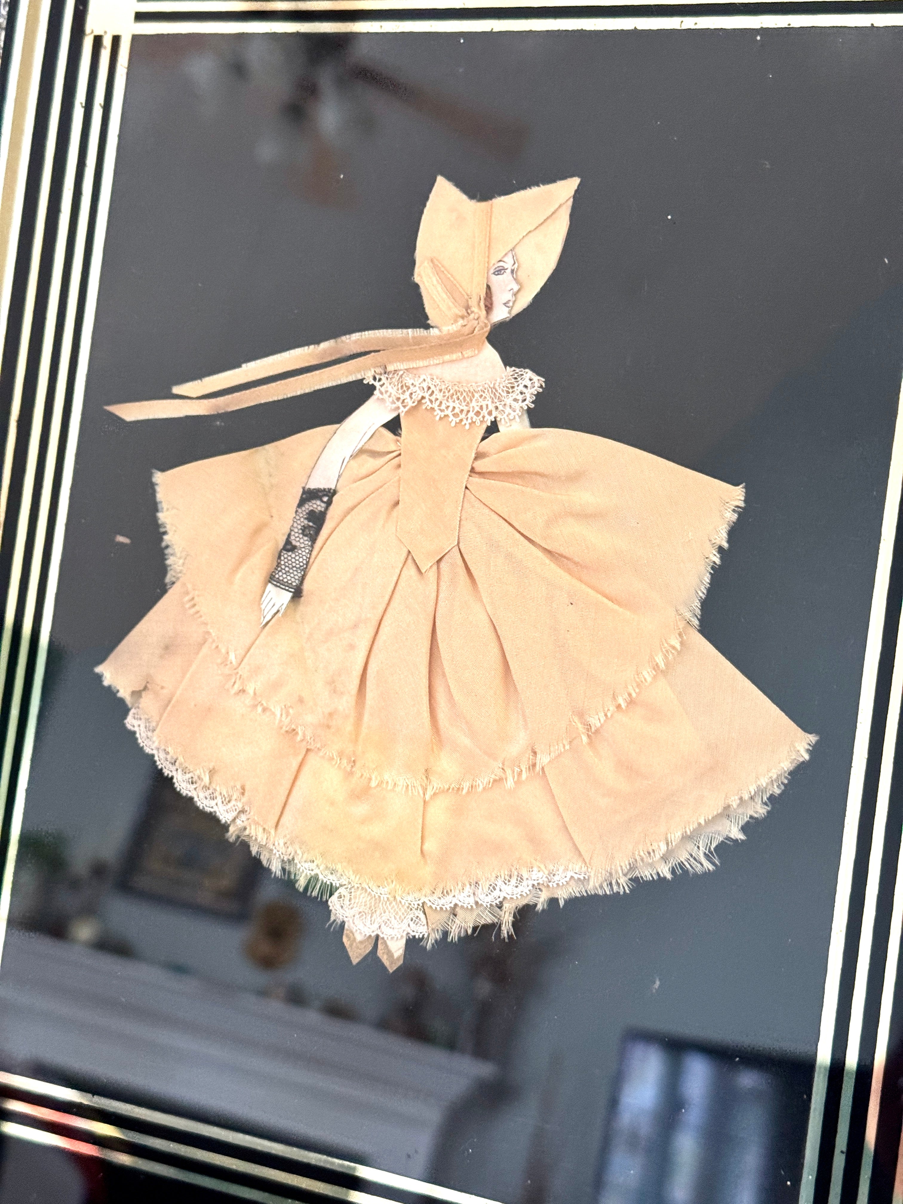 1930s Art Deco Glass Framed Ribbon Doll ~ Framed Paper Doll Satin Ribbon Dress
