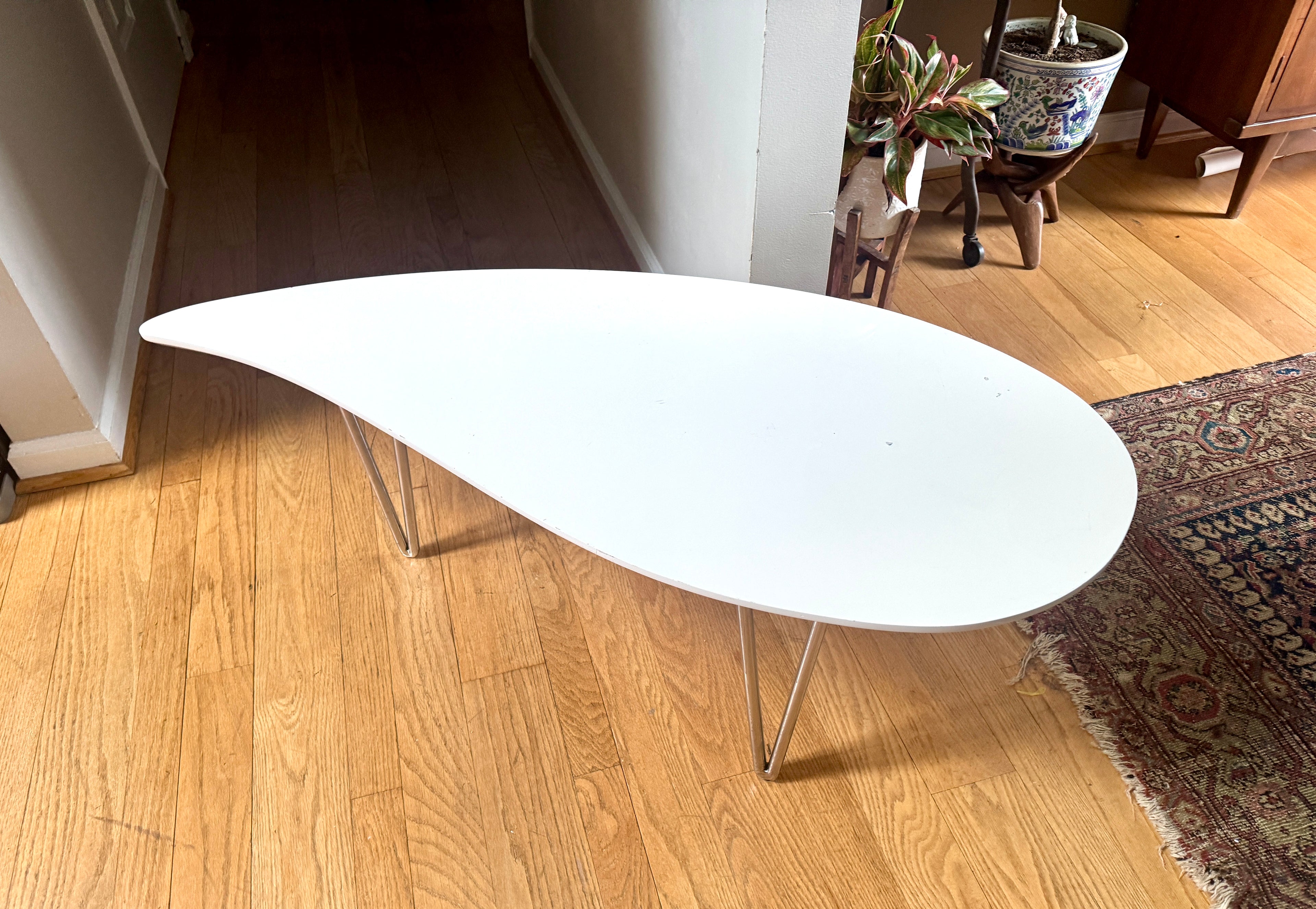 White Teardrop Coffee Table | MCM Style White Teardrop Table (Two available, Different Heights)
