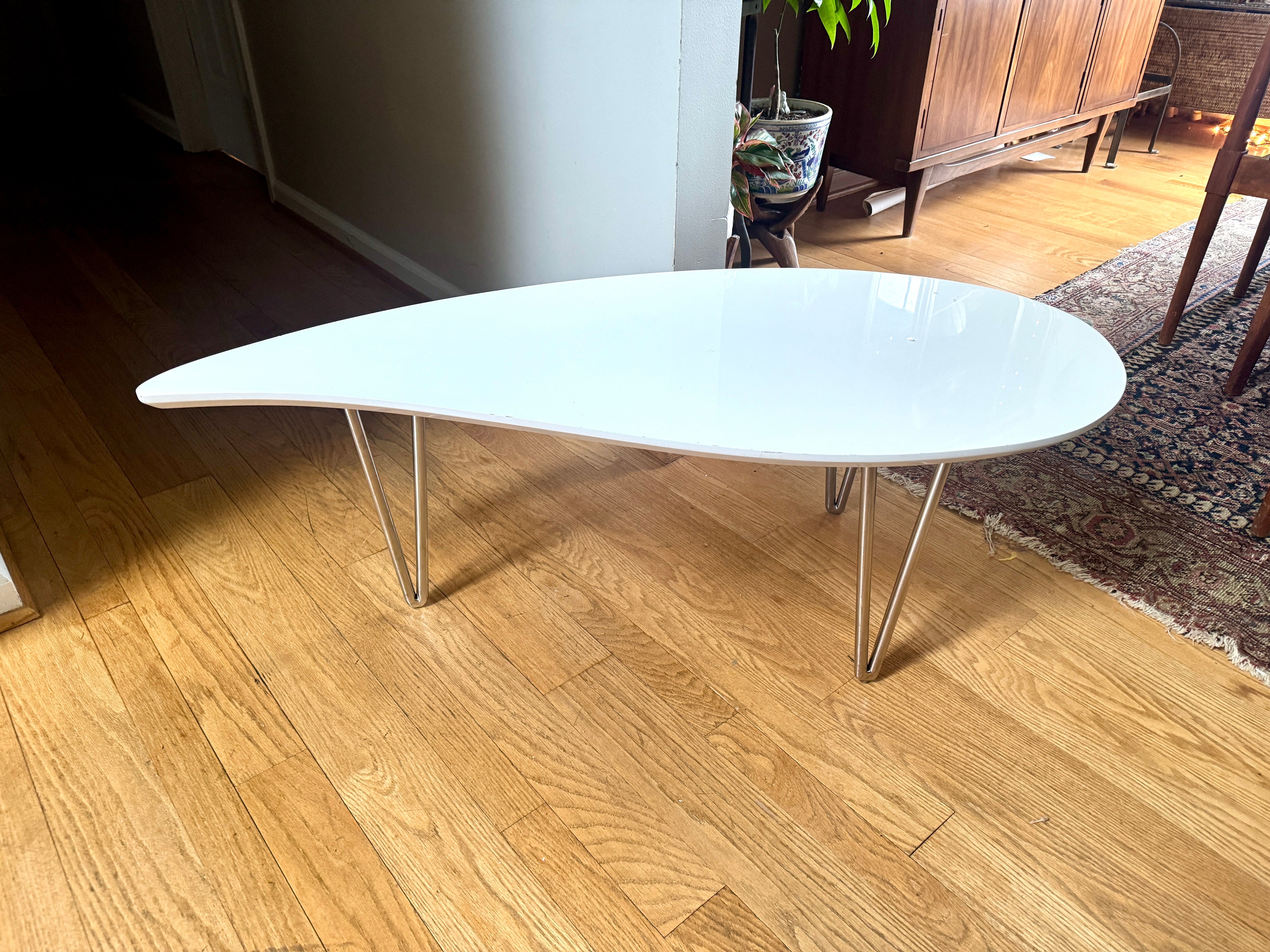 White Teardrop Coffee Table | MCM Style White Teardrop Table (Two available, Different Heights)