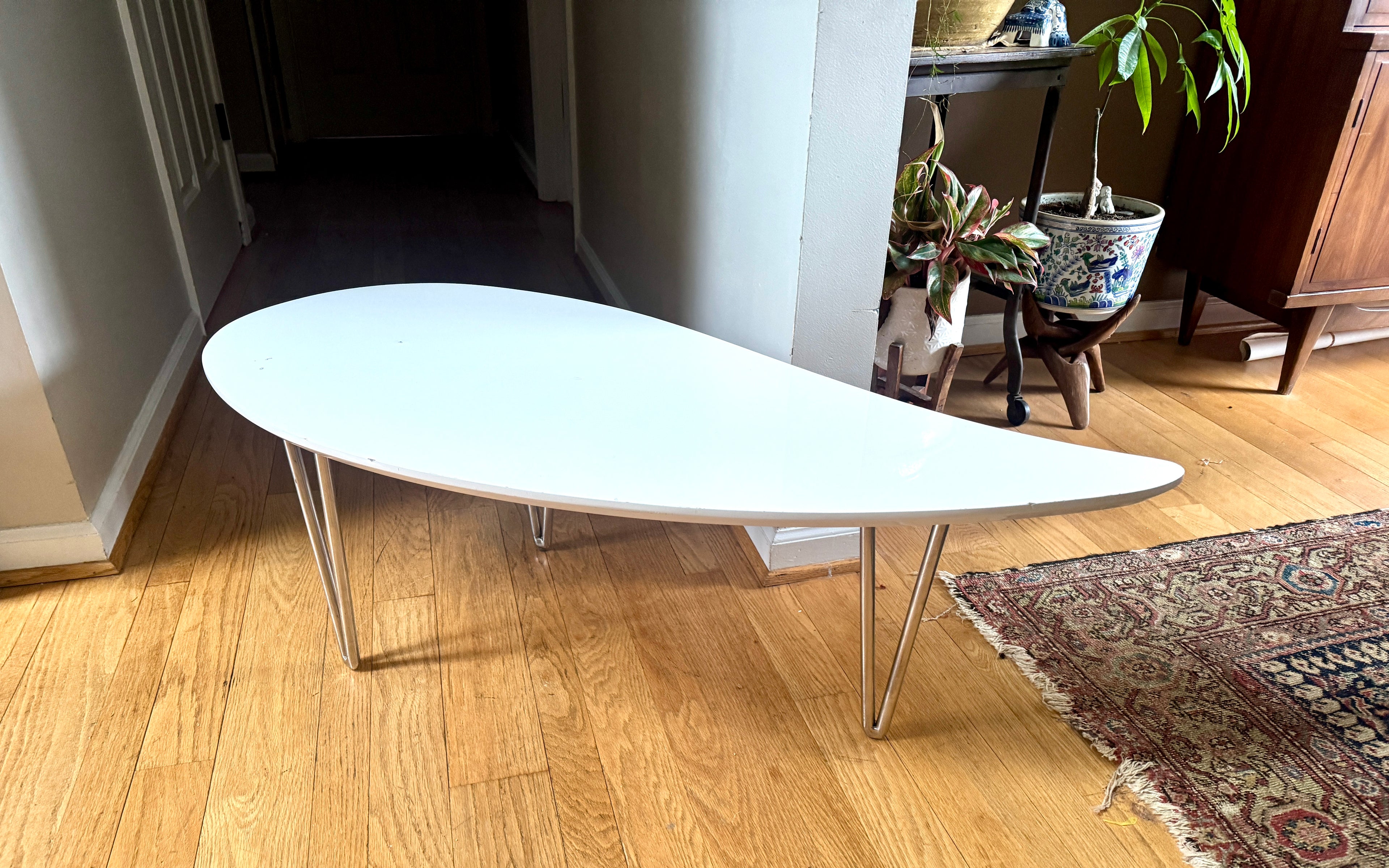 White Teardrop Coffee Table | MCM Style White Teardrop Table (Two available, Different Heights)