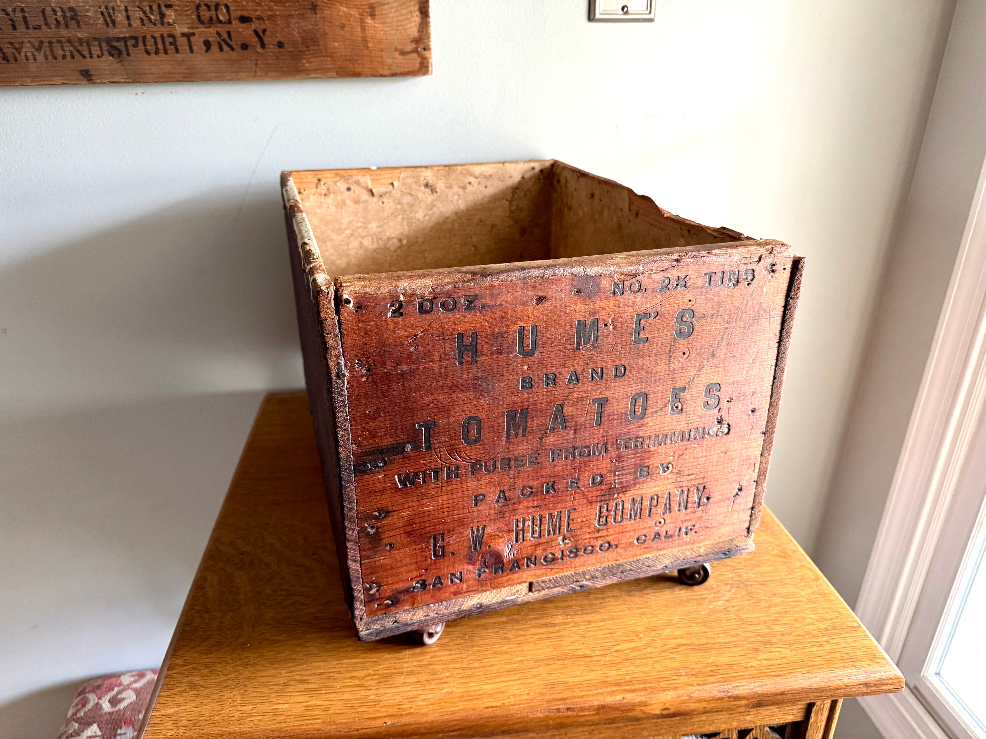 Antique Wooden Advertising Crate, "Humes Brand Tomatoes" by the G.W. Hume Company in San Francisco, California on Casters.