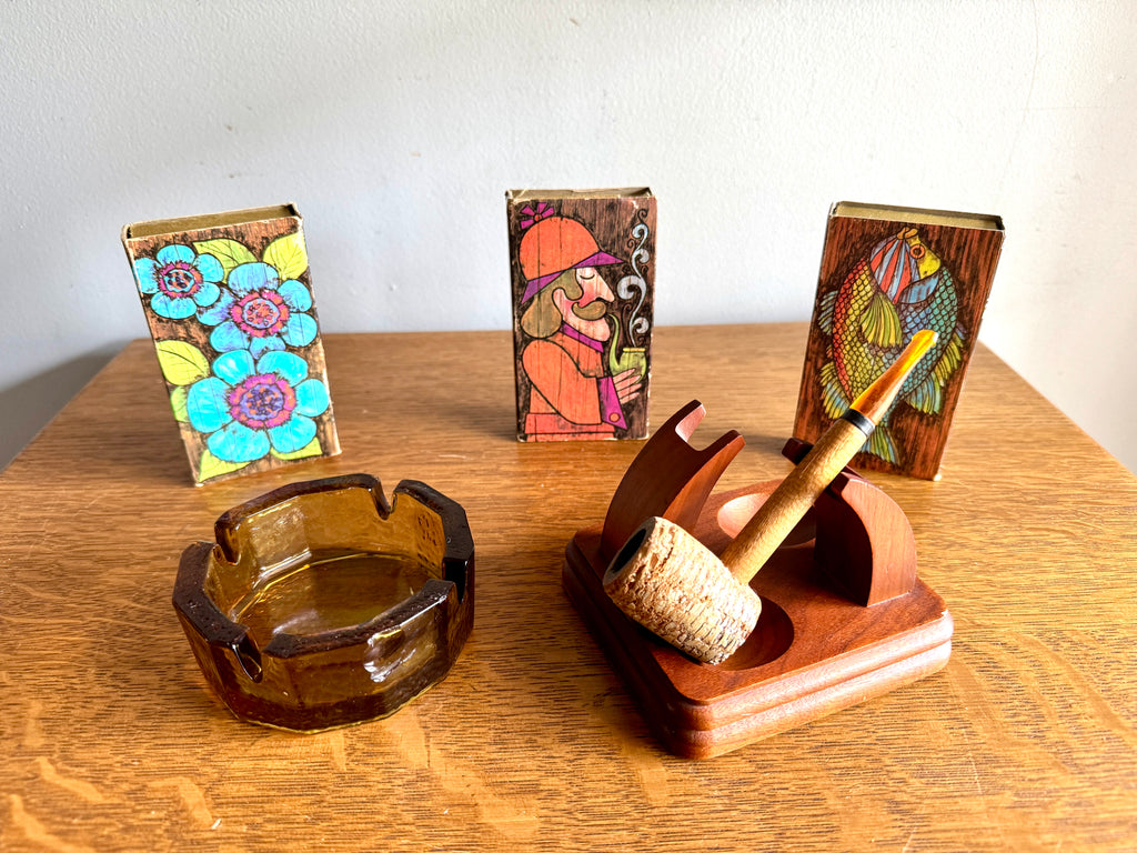 60's-70's Fairfax Pipe Stand, Amber Glass Ashtray, Pipe and 3 Ohio Match Co. Matchboxes