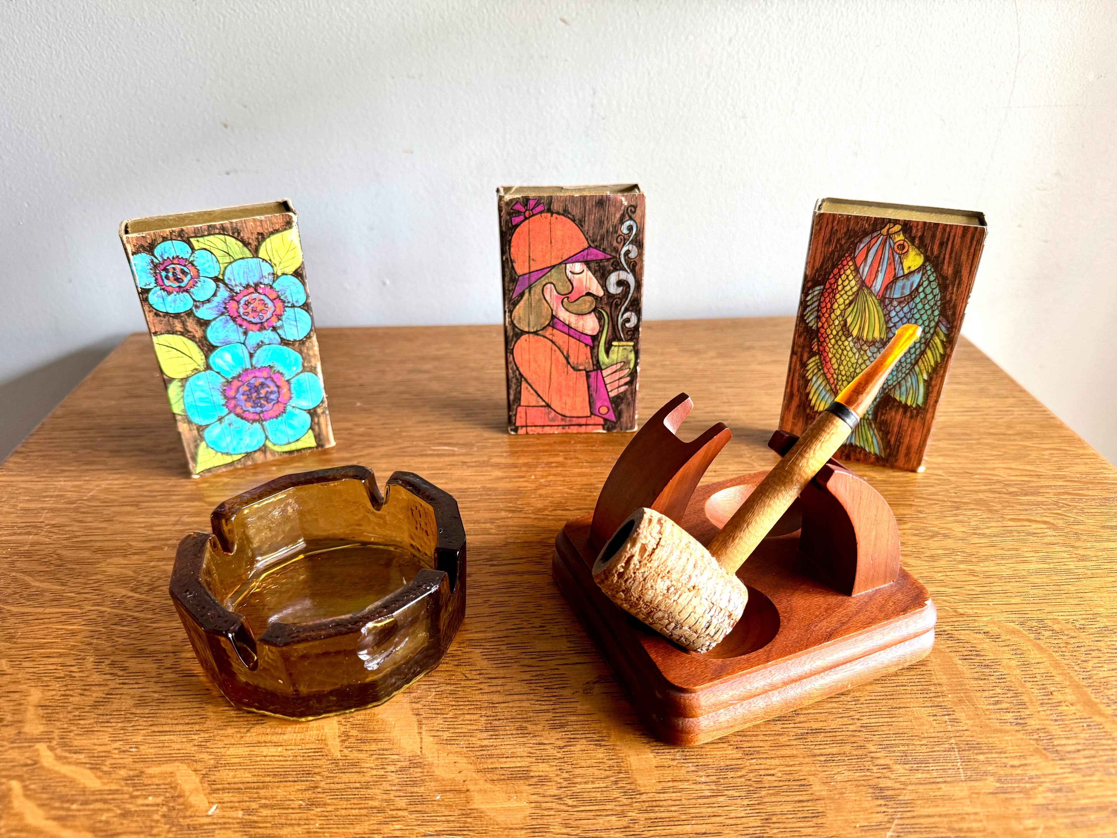 60's-70's Fairfax Pipe Stand, Amber Glass Ashtray, Pipe and 3 Ohio Match Co. Matchboxes